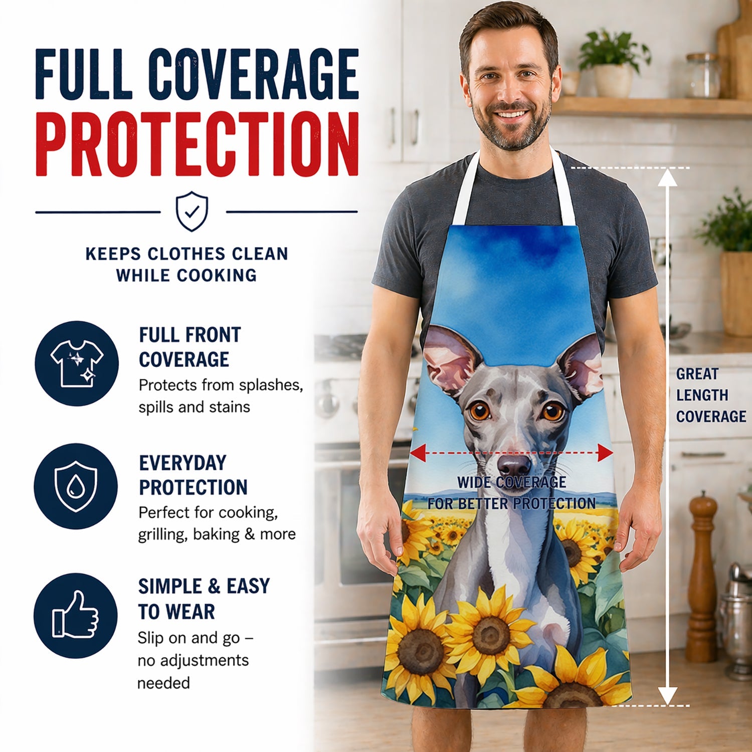 Italian Greyhound in Sunflowers Apron Cooking Kitchen Server Baking Crafts Gardening for Adult Women Men, Unisex, Large, Multicolor