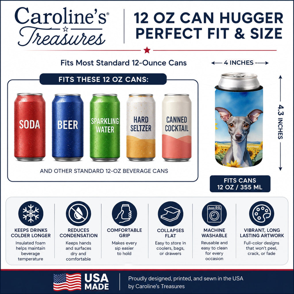 Italian Greyhound in Sunflowers Can or Bottle Hugger Cooler Sleeve for Standard 12 oz Cans, Insulated Foam Beer & Soda Can Hugger Reusable