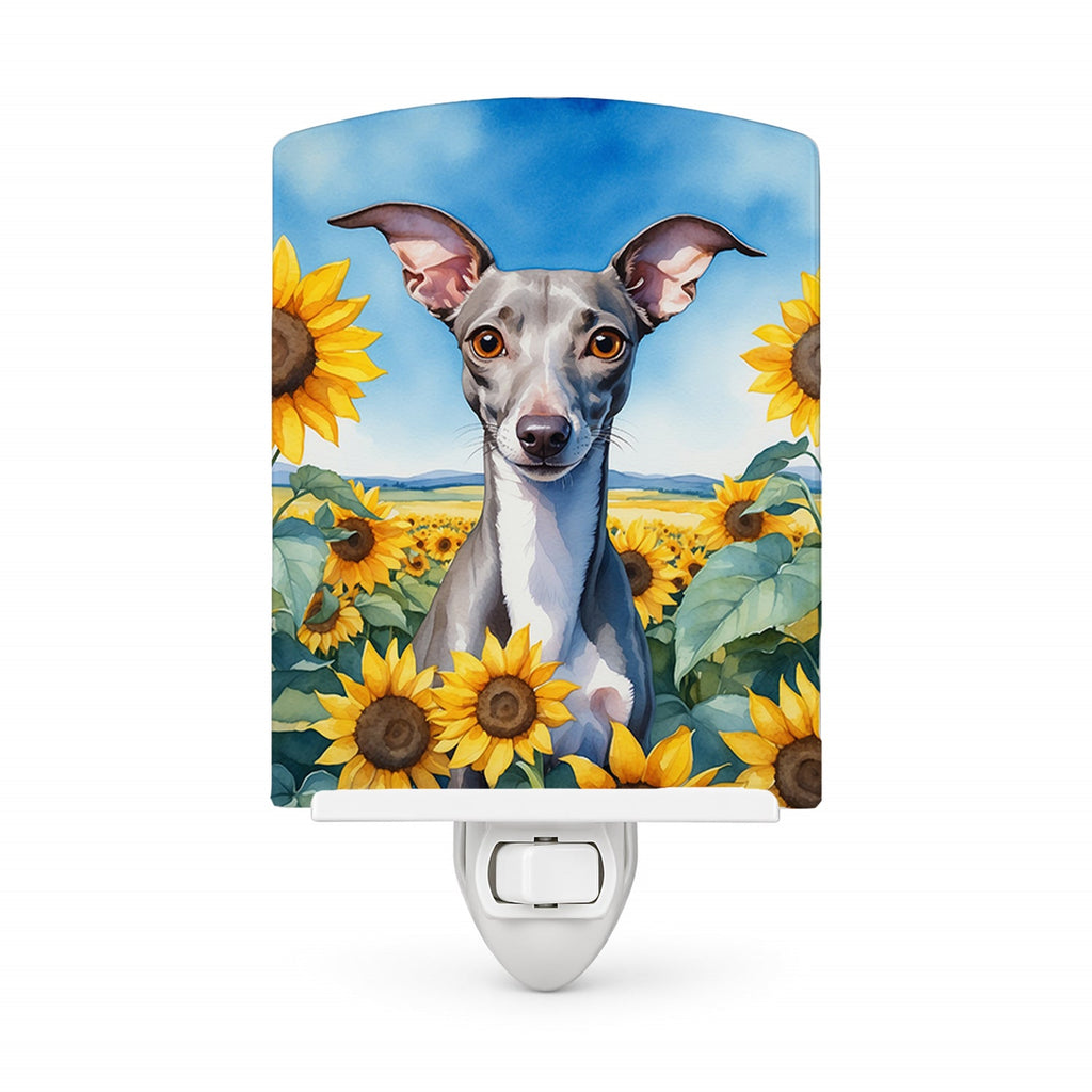 Italian Greyhound in Sunflowers Ceramic Night Light Compact, UL-Certified, Ideal for Bedroom, Bathroom, Nursery, Hallway, Kitchen, 6x4x3, Multicolor