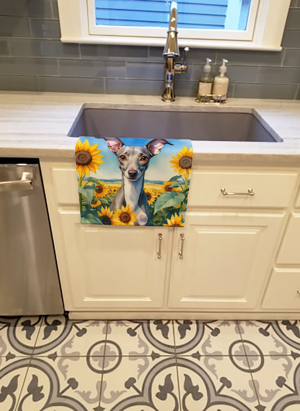 Italian Greyhound in Sunflowers Kitchen Towel Velour Plush Front and Cotton Loop Back Machine Washable