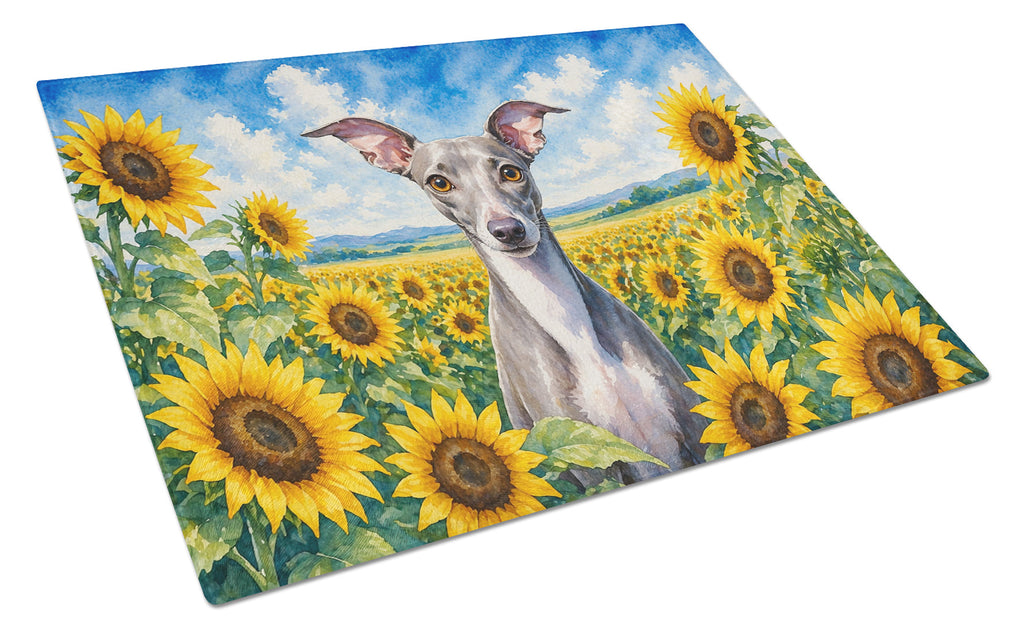 Italian Greyhound in Sunflowers Cutting Board Tempered Glass Kitchen Cutting Surface, Heat Resistant Chopping Board with Non-Slip Feet, Decorative Food Prep & Serving