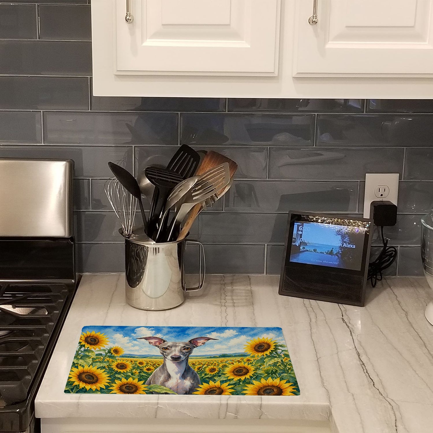 Italian Greyhound in Sunflowers Cutting Board Tempered Glass Kitchen Cutting Surface, Heat Resistant Chopping Board with Non-Slip Feet, Decorative Food Prep & Serving