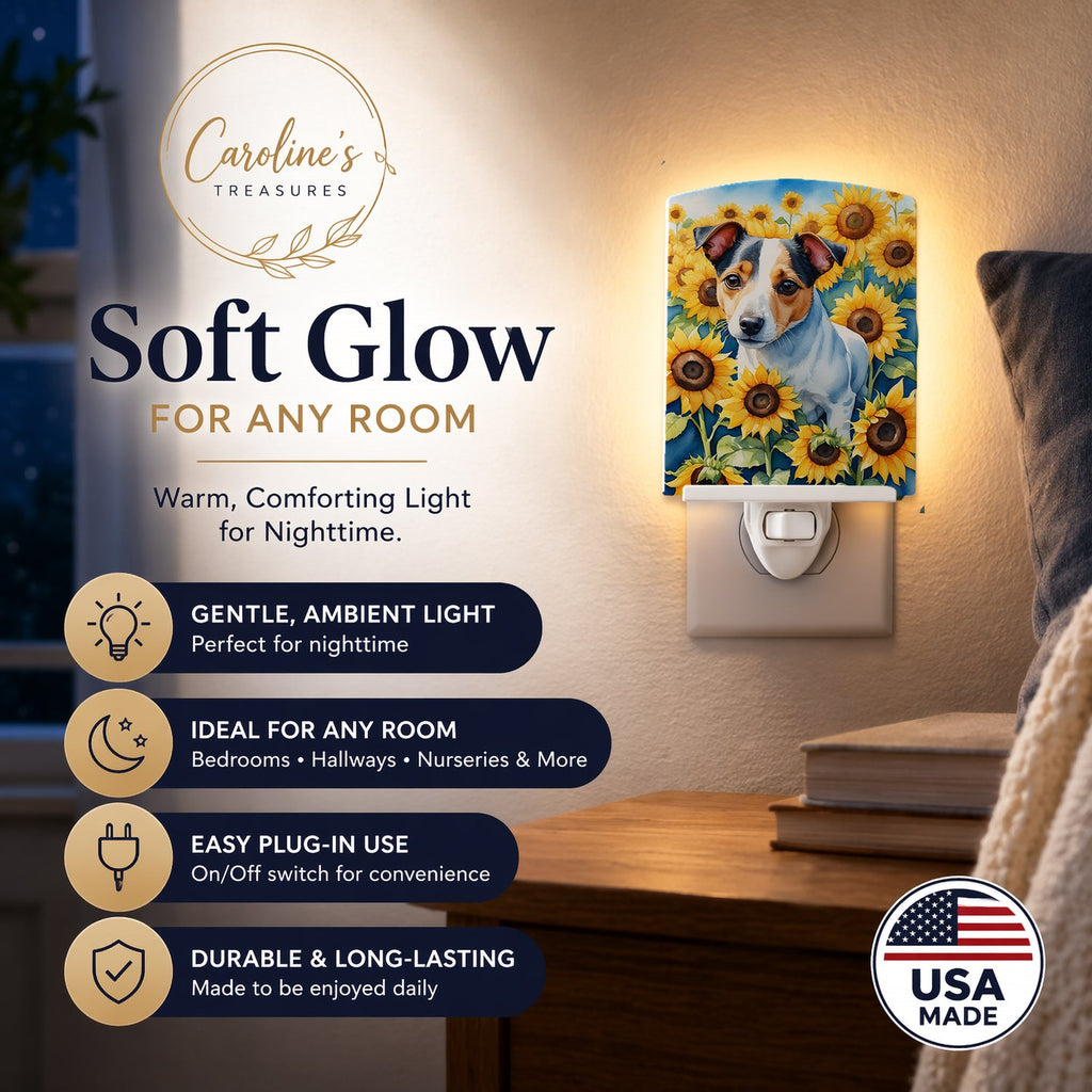 Jack Russell Terrier in Sunflowers Ceramic Night Light Compact, UL-Certified, Ideal for Bedroom, Bathroom, Nursery, Hallway, Kitchen, 6x4x3, Multicolor