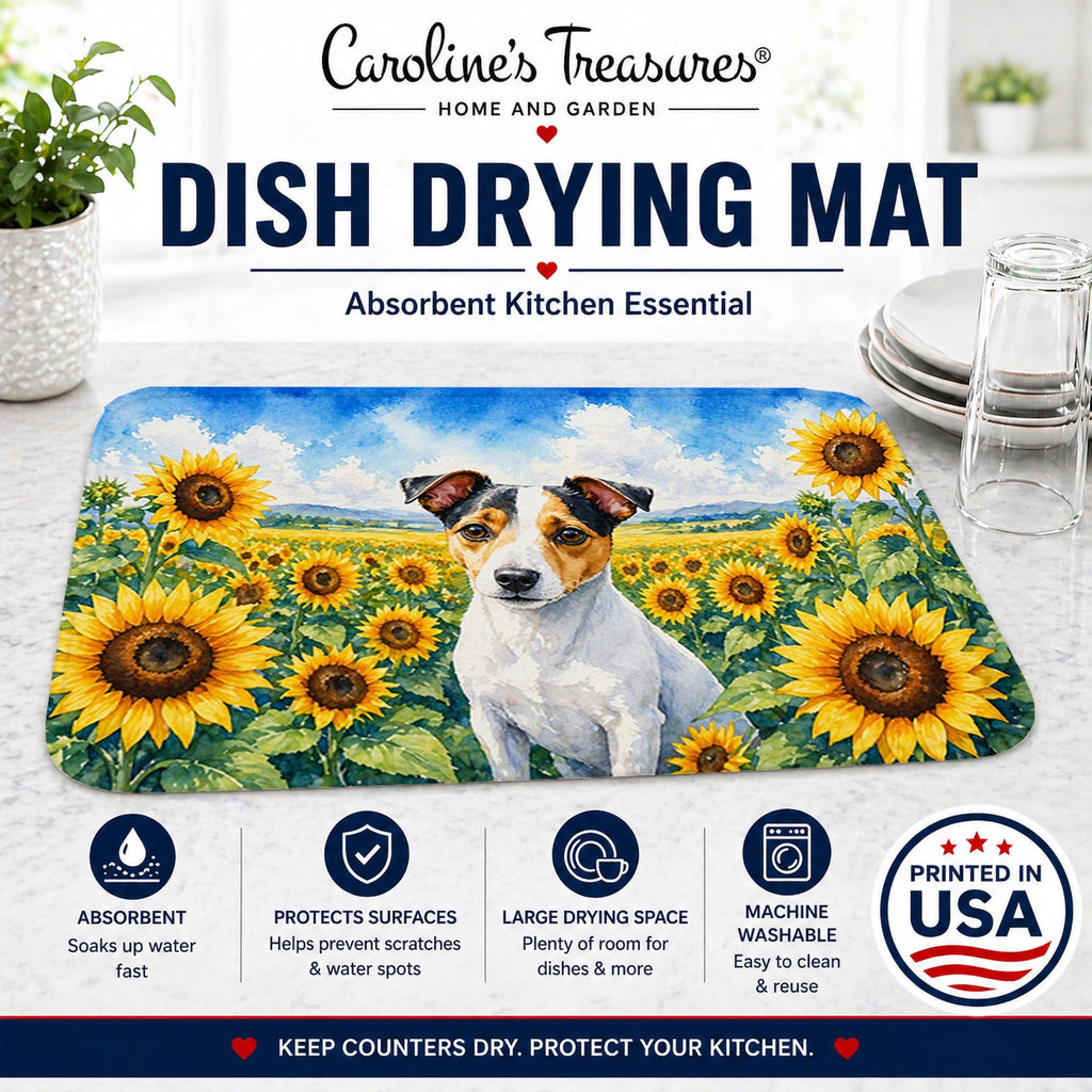 Jack Russell Terrier in Sunflowers Dish Drying Mat Absorbent Dish Drying Mat Pad for Kitchen Counter Dish Drainer Mat for Countertop, 14 x 21", Multicolor