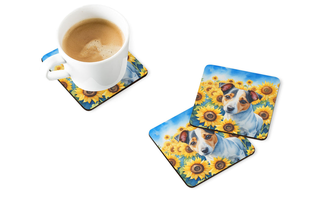 Jack Russell Terrier in Sunflowers Foam Coasters Set of 4 Cup Coasters for Indoor Outdoor, Tabletop Protection, Anti Slip, Mouse pad Material