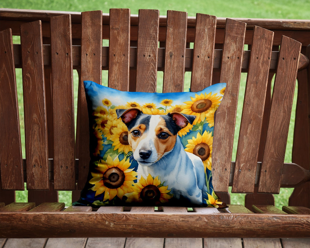 Jack Russell Terrier in Sunflowers Decorative Throw Pillow 14x14 Indoor Outdoor Accent Cushion, Fabric Cover with Insert for Sofa, Bed, Porch & Living Room