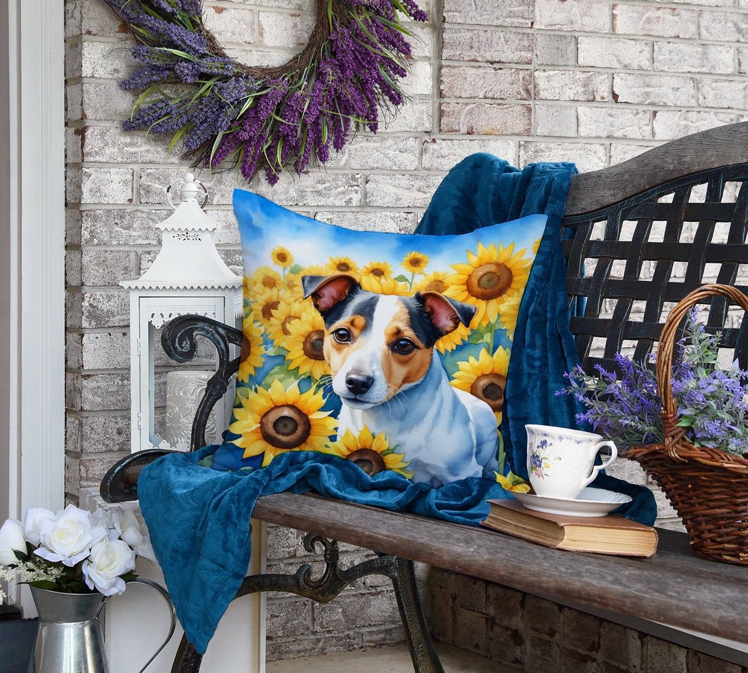 Jack Russell Terrier in Sunflowers Decorative Throw Pillow 18x18 Indoor Outdoor Accent Cushion, Fabric Cover with Insert for Sofa, Bed, Porch & Living Room