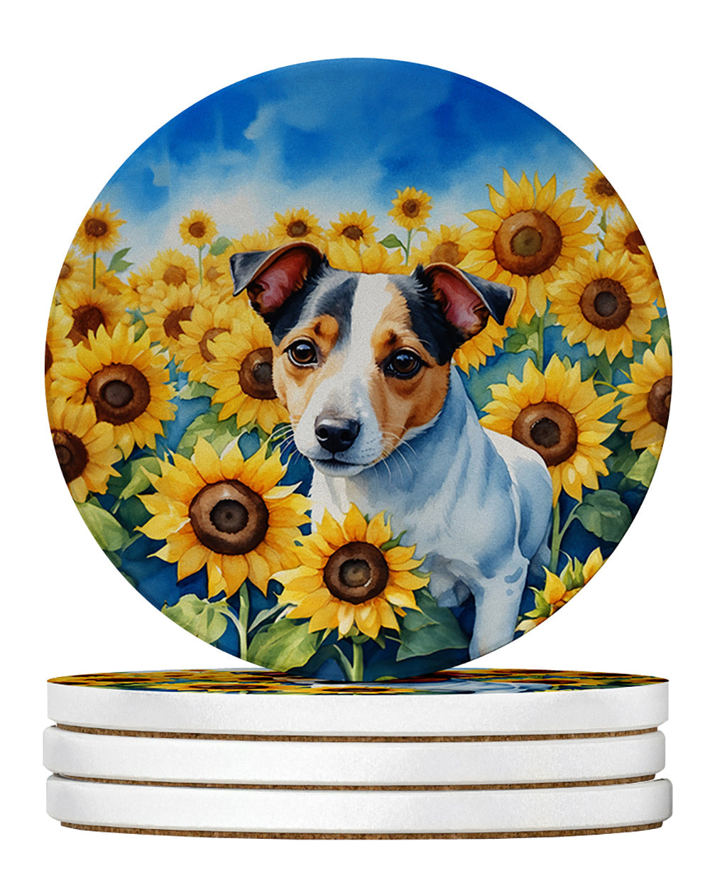 Jack Russell Terrier in Sunflowers Large Sandstone Coasters Pack of 4 Absorbent Round Coasters Decor Gifts for Men or Women, 4 in, Multicolor
