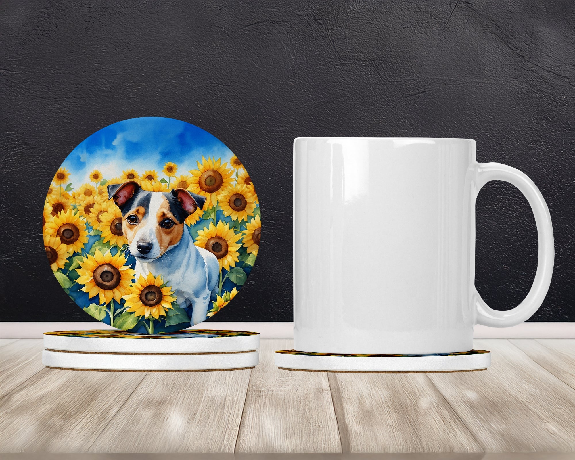 Jack Russell Terrier in Sunflowers Large Sandstone Coasters Pack of 4 Absorbent Round Coasters Decor Gifts for Men or Women, 4 in, Multicolor
