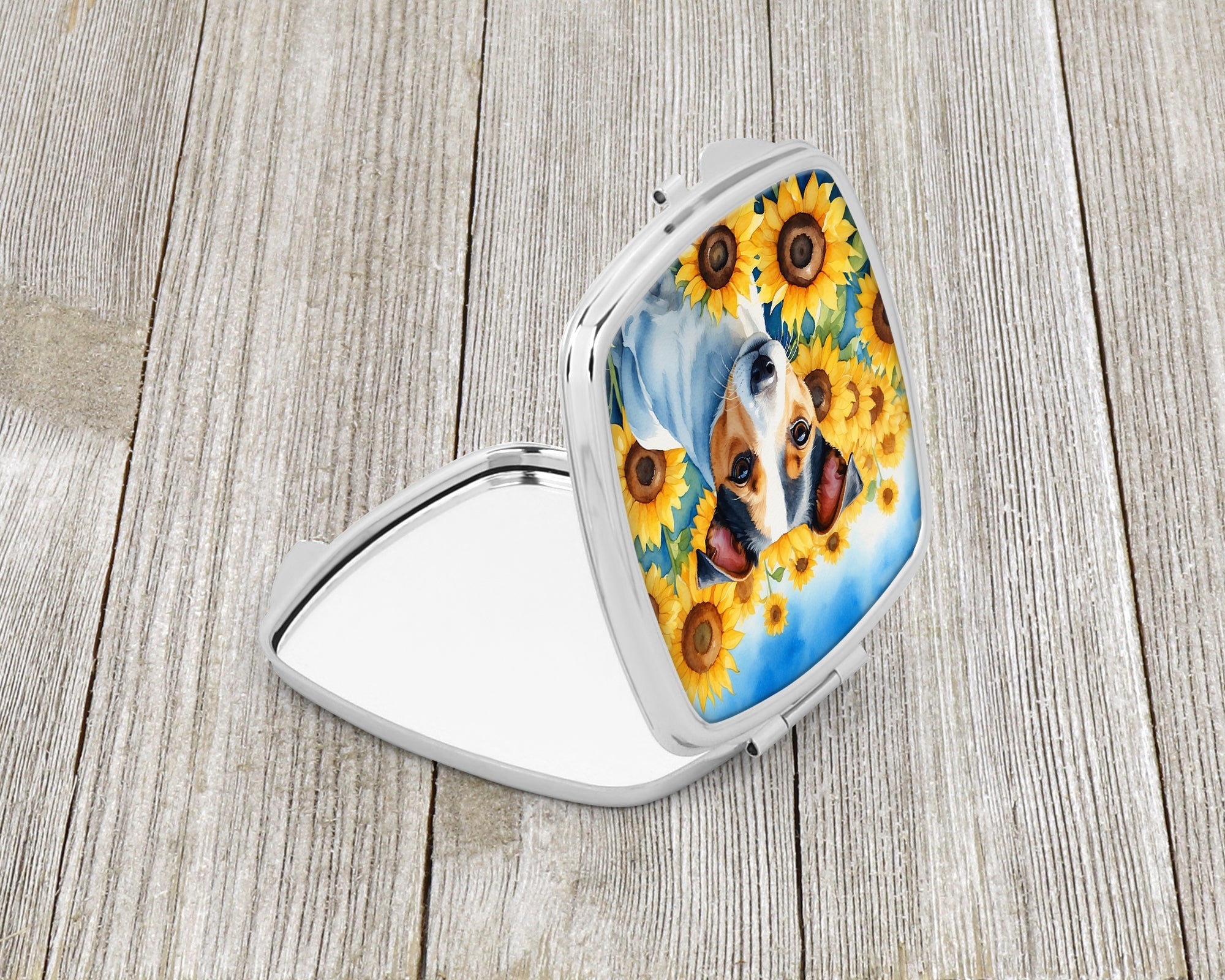 Jack Russell Terrier in Sunflowers Compact Mirror Decorative Travel Makeup Mirror for Women Girls Gifts Pocket Makeup Mirror Folding Handheld