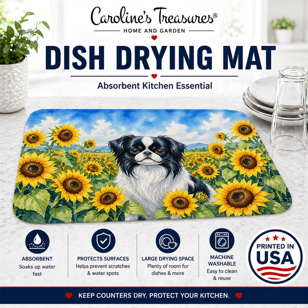 Japanese Chin in Sunflowers Dish Drying Mat Absorbent Dish Drying Mat Pad for Kitchen Counter Dish Drainer Mat for Countertop, 14 x 21", Multicolor