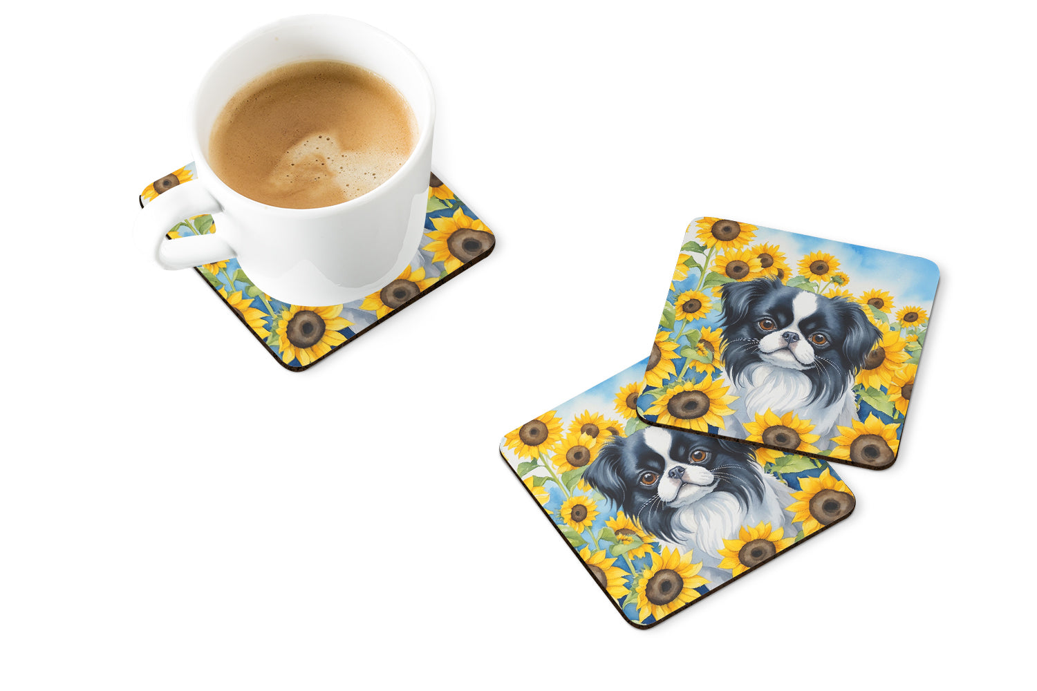 Japanese Chin in Sunflowers Foam Coasters Set of 4 Cup Coasters for Indoor Outdoor, Tabletop Protection, Anti Slip, Mouse pad Material