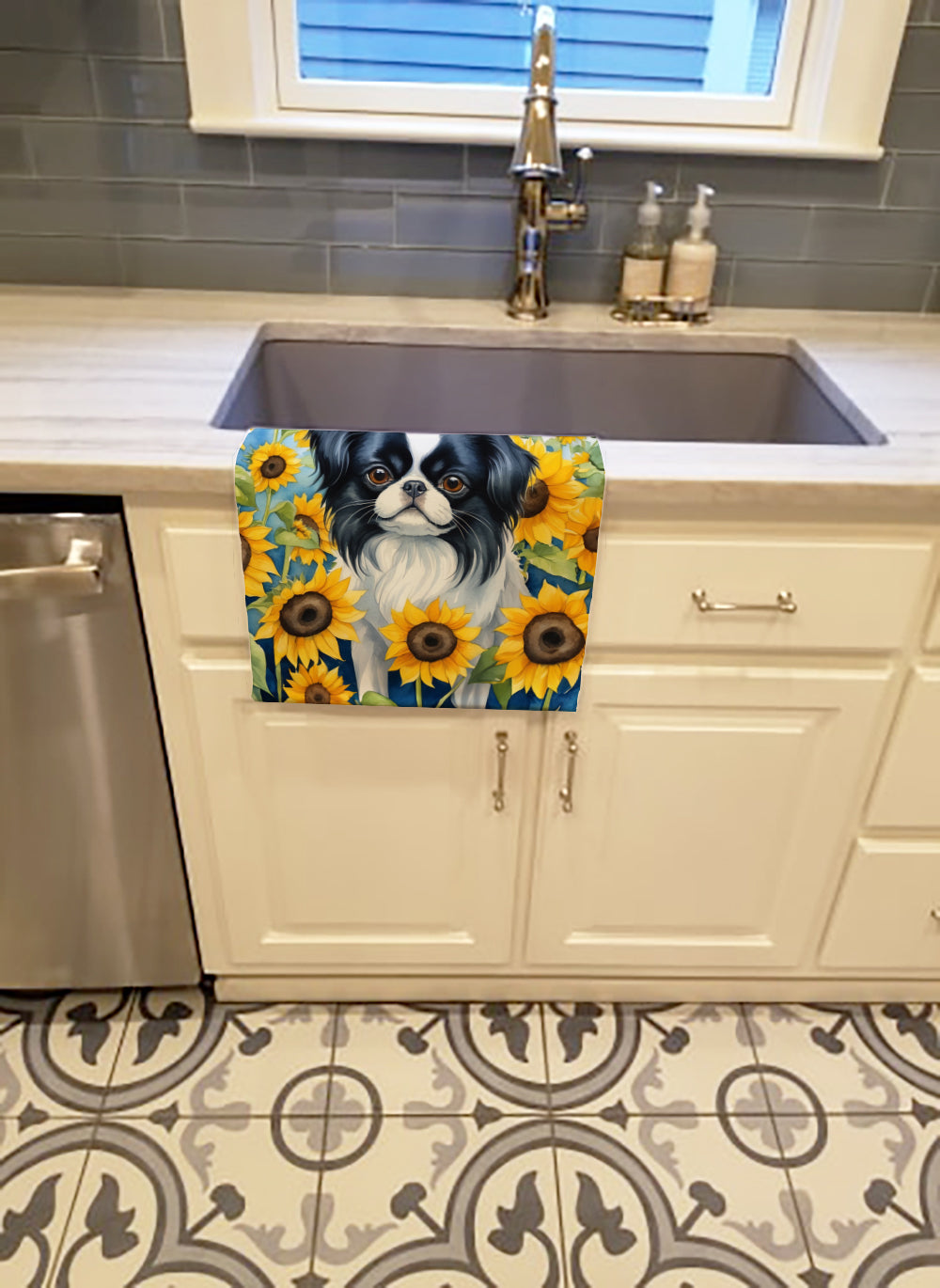 Japanese Chin in Sunflowers Kitchen Towel Velour Plush Front and Cotton Loop Back Machine Washable