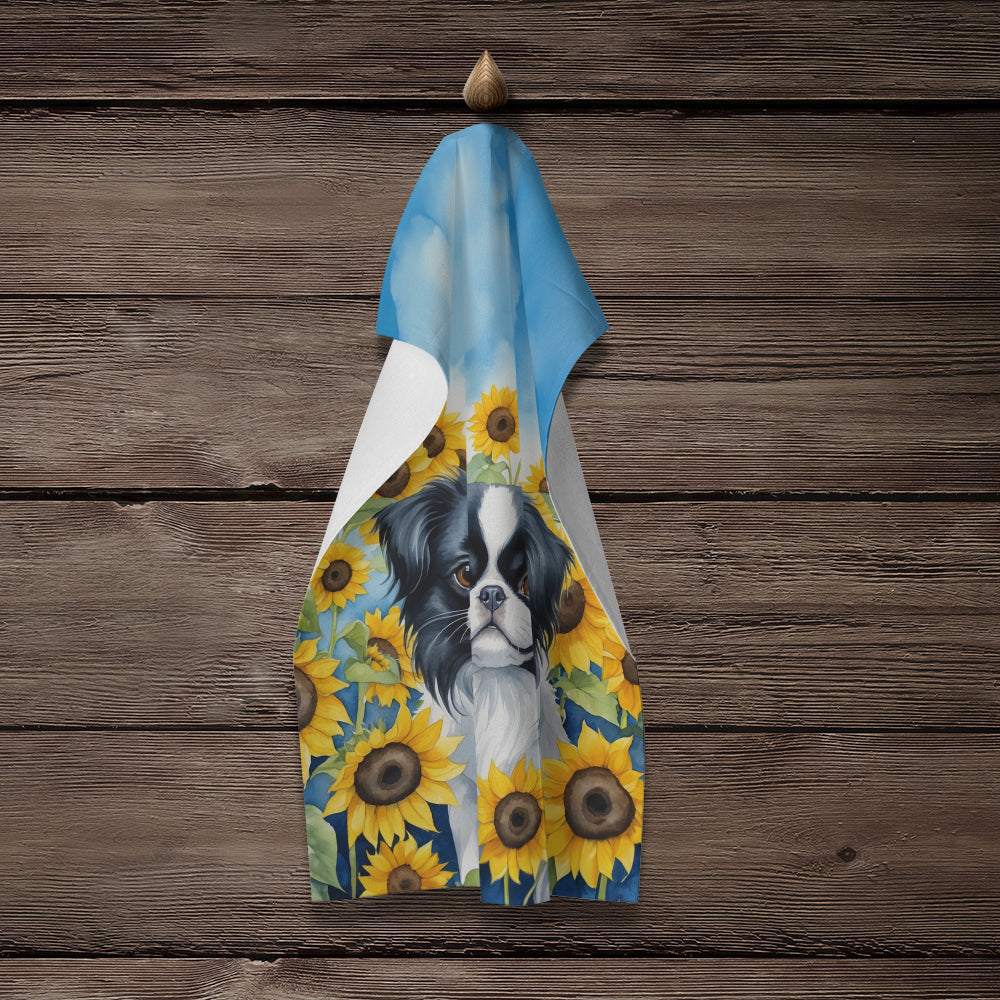 Japanese Chin in Sunflowers Kitchen Towel Velour Plush Front and Cotton Loop Back Machine Washable