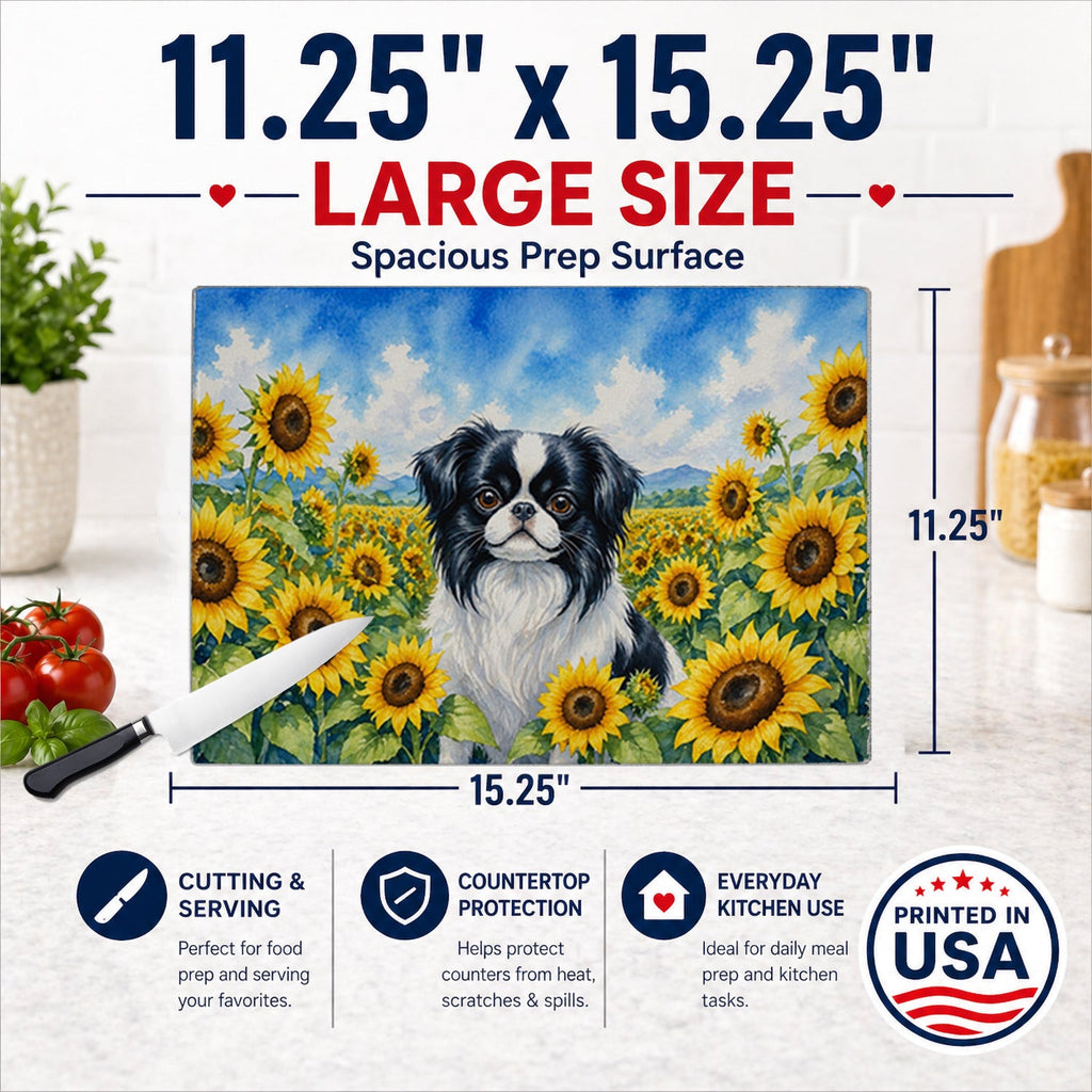 Japanese Chin in Sunflowers Cutting Board Tempered Glass Kitchen Cutting Surface, Heat Resistant Chopping Board with Non-Slip Feet, Decorative Food Prep & Serving