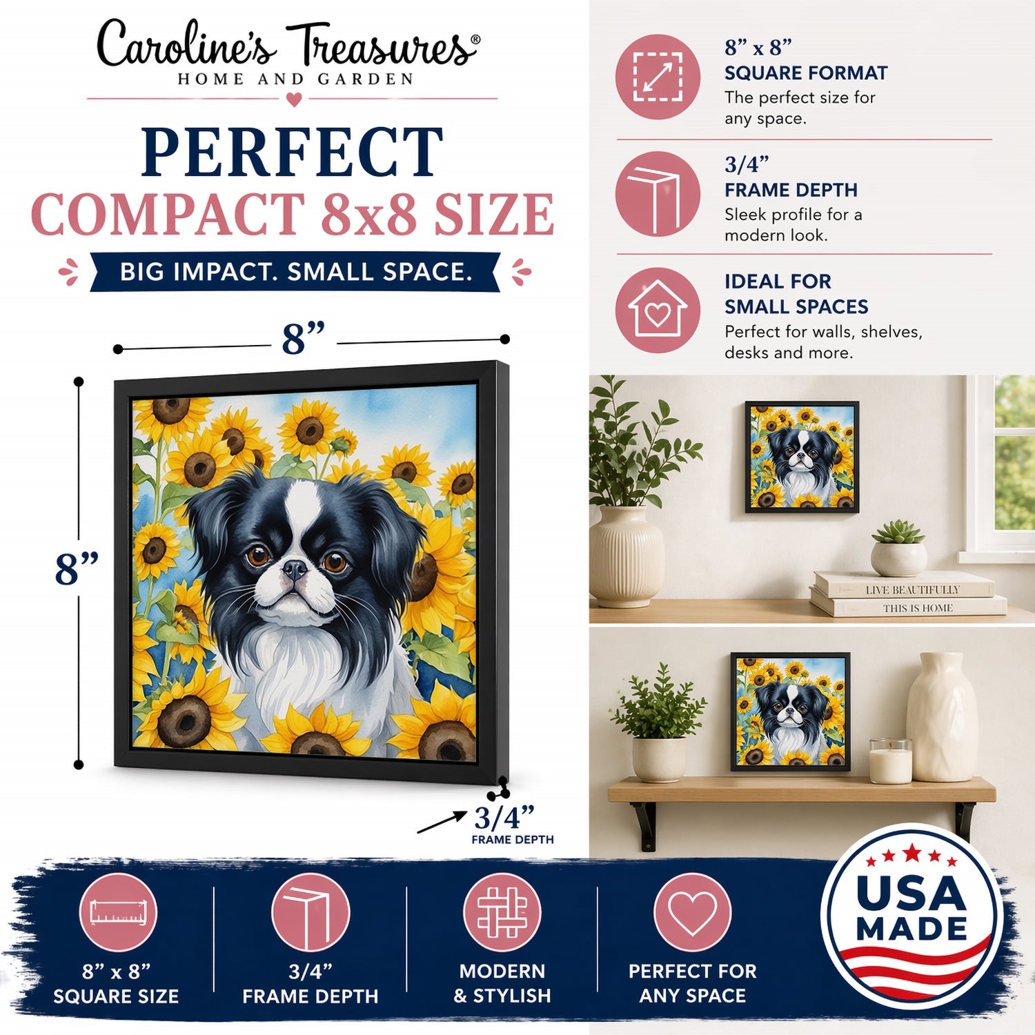 Japanese Chin in Sunflowers Framed Metal Print Bathroom, Kitchen, Office, Home Decor Wall Art Ready to Hang, Square, 8X8