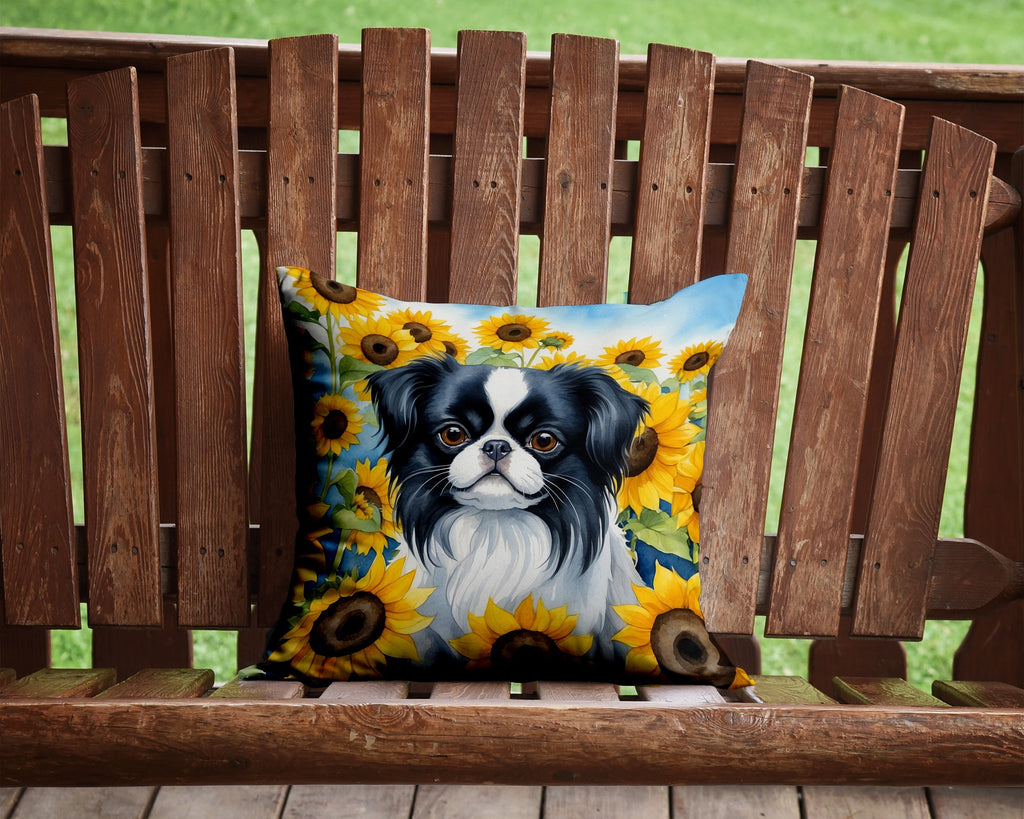 Japanese Chin in Sunflowers Decorative Throw Pillow 14x14 Indoor Outdoor Accent Cushion, Fabric Cover with Insert for Sofa, Bed, Porch & Living Room
