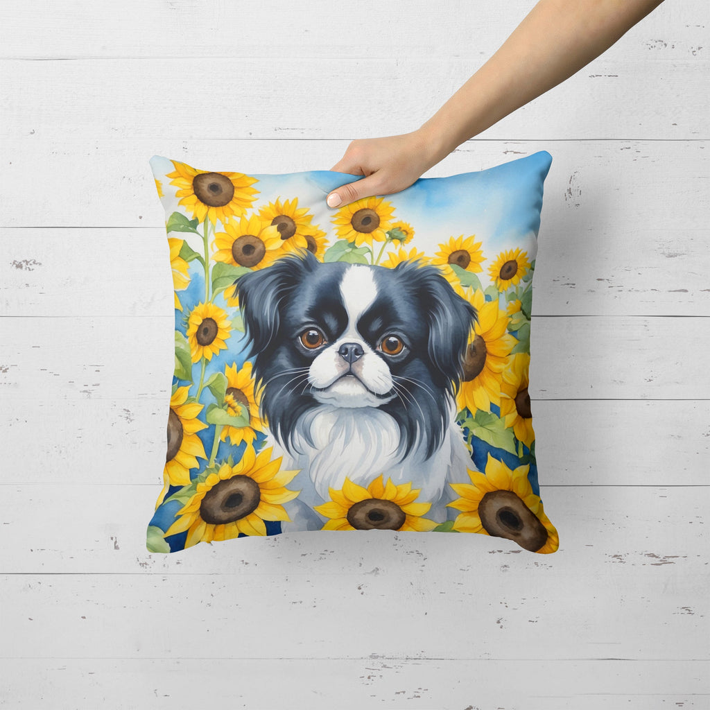 Japanese Chin in Sunflowers Decorative Throw Pillow 18x18 Indoor Outdoor Accent Cushion, Fabric Cover with Insert for Sofa, Bed, Porch & Living Room