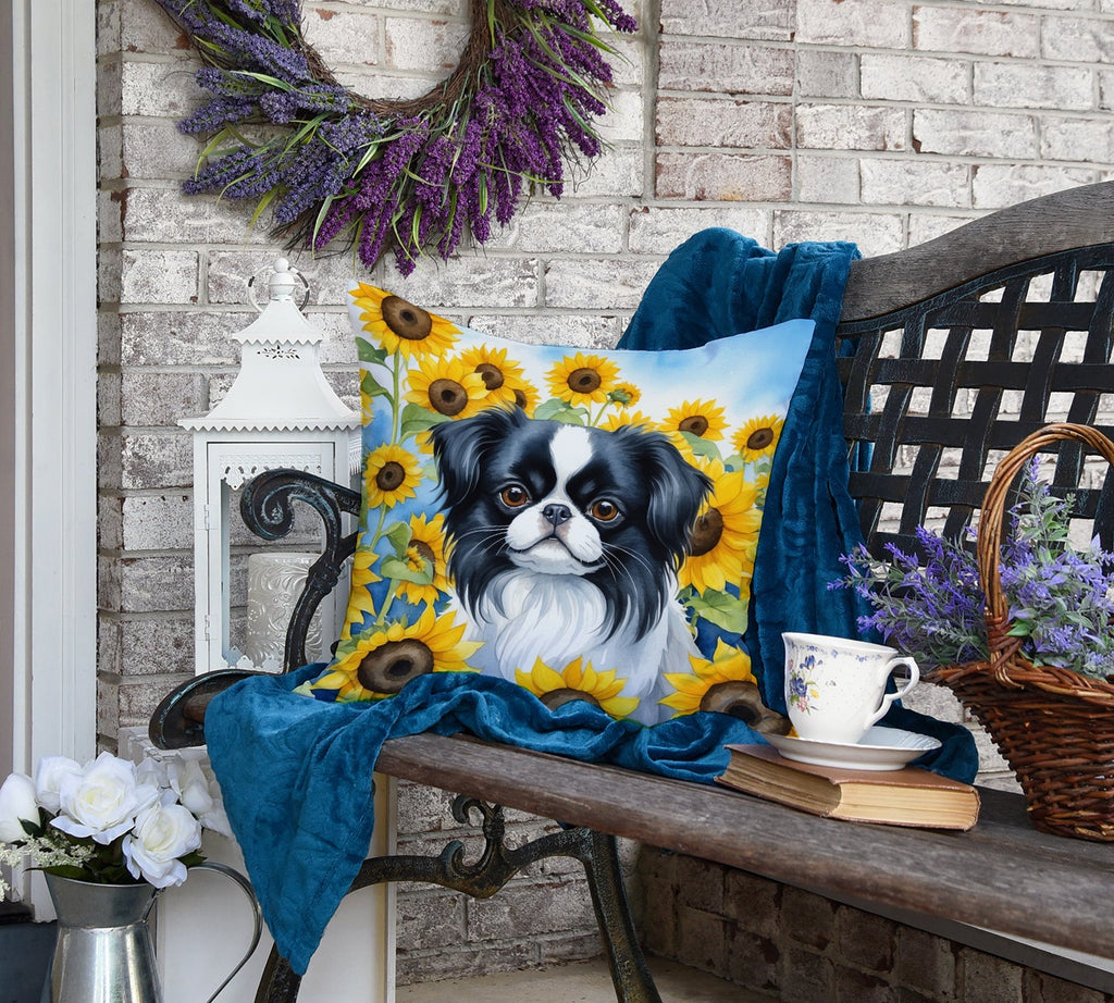 Japanese Chin in Sunflowers Decorative Throw Pillow 18x18 Indoor Outdoor Accent Cushion, Fabric Cover with Insert for Sofa, Bed, Porch & Living Room
