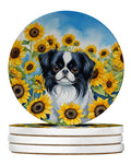 Japanese Chin in Sunflowers Large Sandstone Coasters Pack of 4 Absorbent Round Coasters Decor Gifts for Men or Women, 4 in, Multicolor