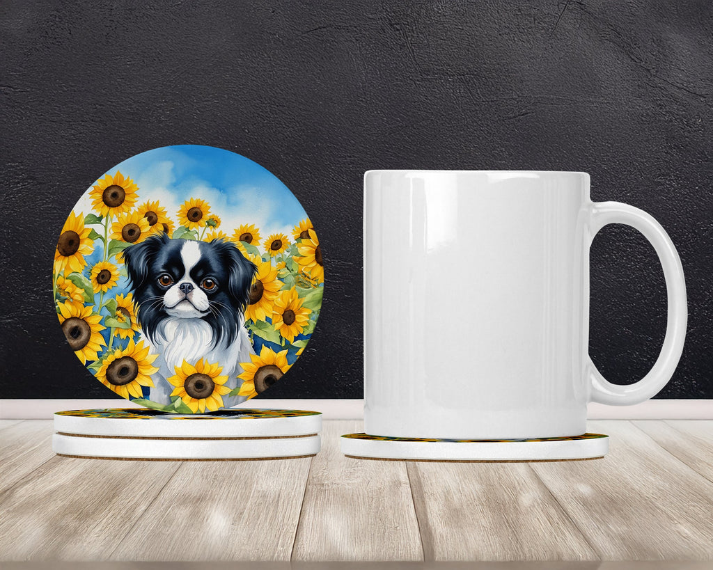 Japanese Chin in Sunflowers Large Sandstone Coasters Pack of 4 Absorbent Round Coasters Decor Gifts for Men or Women, 4 in, Multicolor