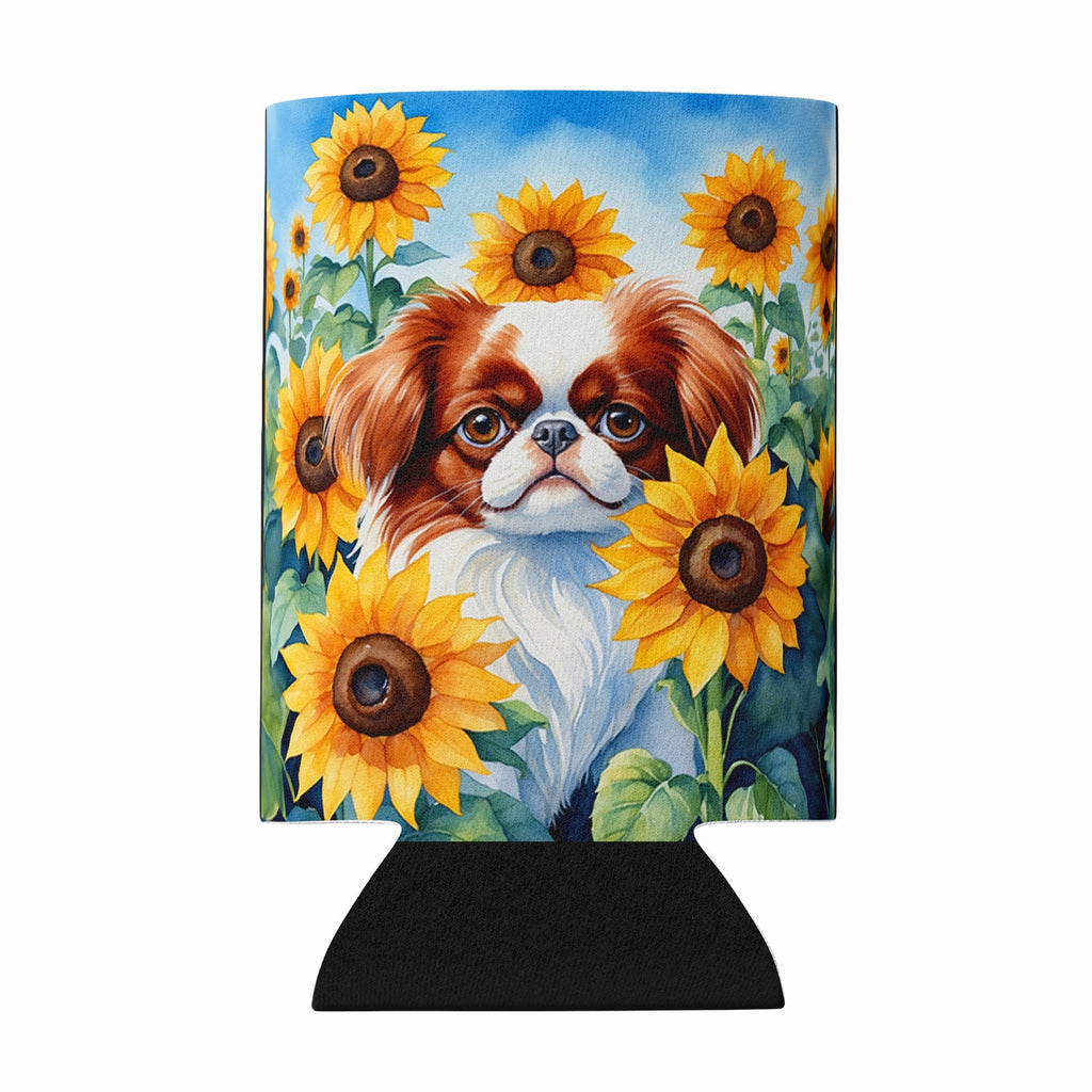 Japanese Chin in Sunflowers Can or Bottle Hugger Cooler Sleeve for Standard 12 oz Cans, Insulated Foam Beer & Soda Can Hugger Reusable