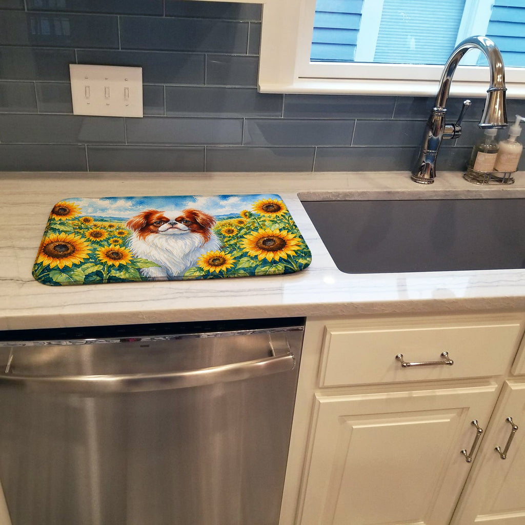 Japanese Chin in Sunflowers Dish Drying Mat Absorbent Dish Drying Mat Pad for Kitchen Counter Dish Drainer Mat for Countertop, 14 x 21", Multicolor