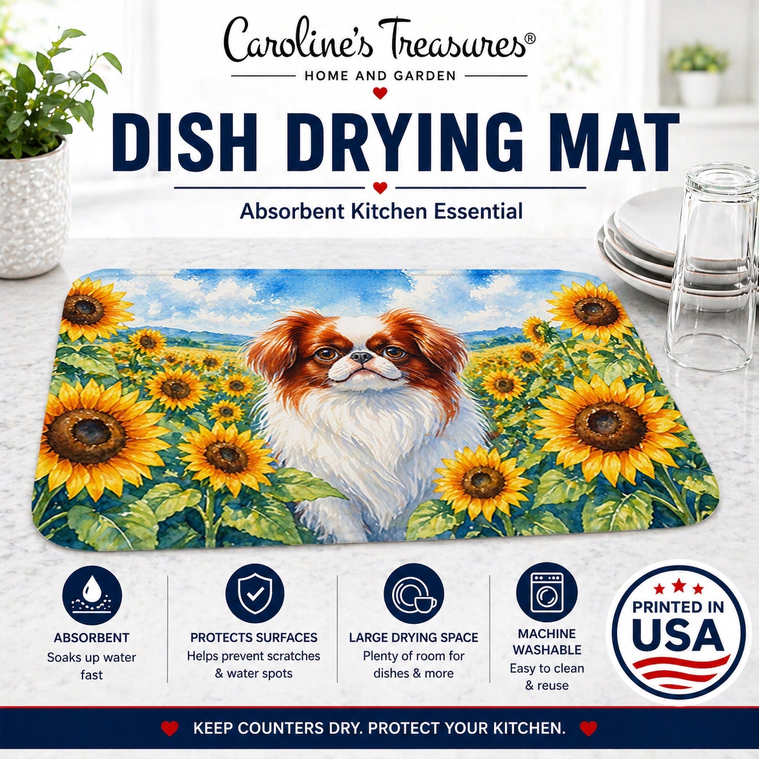 Japanese Chin in Sunflowers Dish Drying Mat Absorbent Dish Drying Mat Pad for Kitchen Counter Dish Drainer Mat for Countertop, 14 x 21", Multicolor