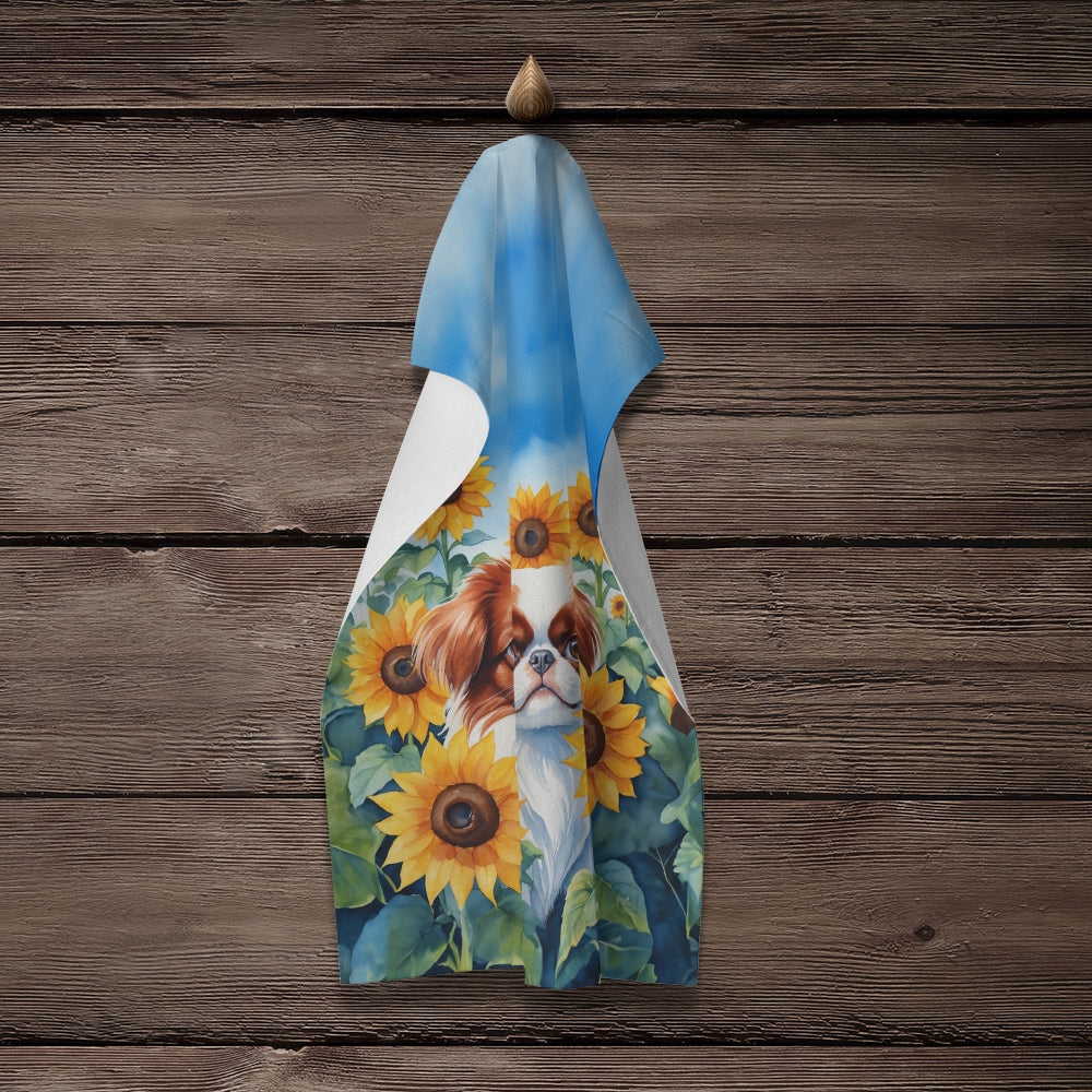 Japanese Chin in Sunflowers Kitchen Towel Velour Plush Front and Cotton Loop Back Machine Washable
