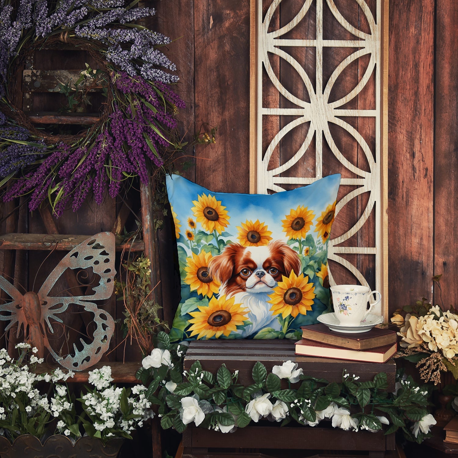 Japanese Chin in Sunflowers Decorative Throw Pillow 14x14 Indoor Outdoor Accent Cushion, Fabric Cover with Insert for Sofa, Bed, Porch & Living Room