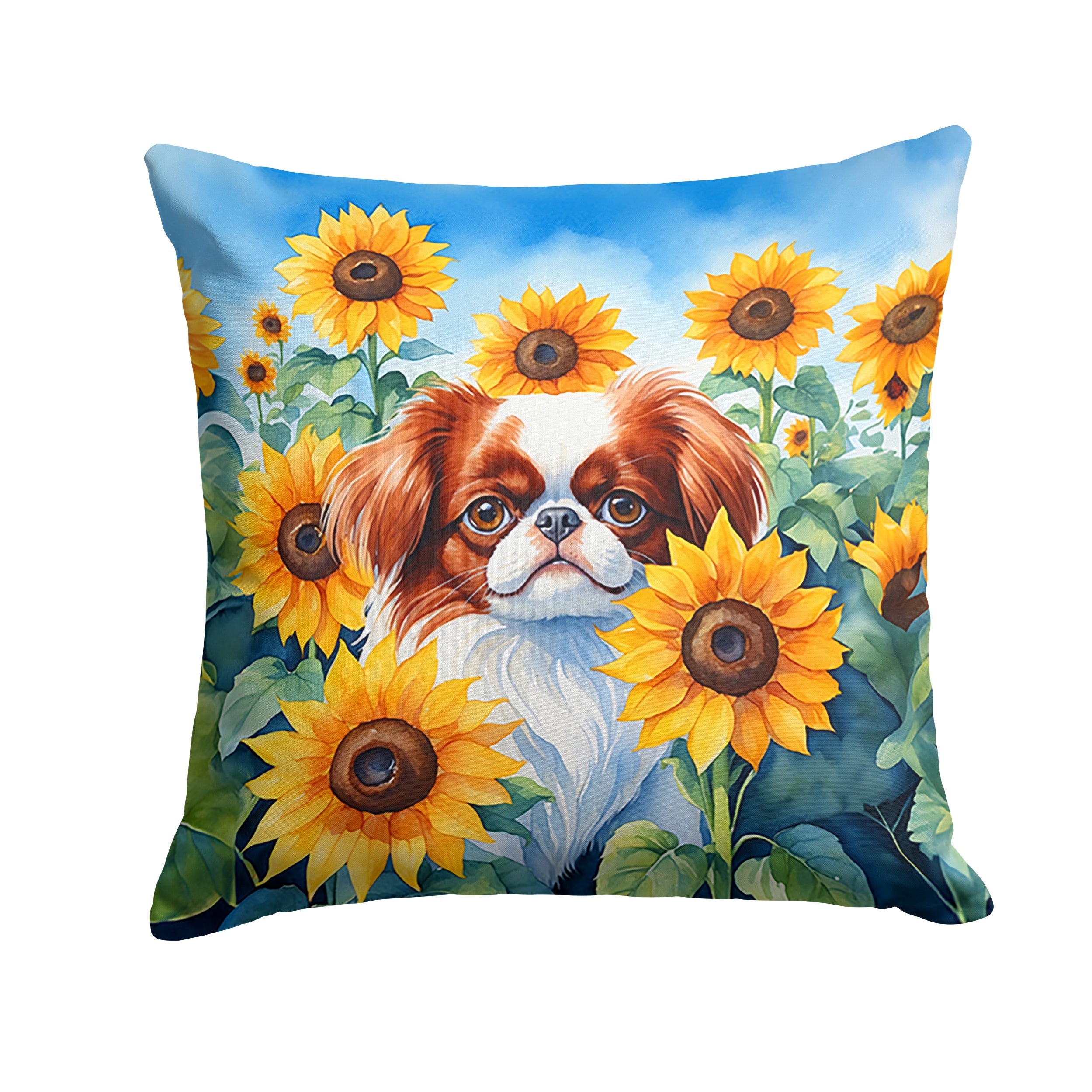 Japanese Chin in Sunflowers Decorative Throw Pillow 18x18 Indoor Outdoor Accent Cushion, Fabric Cover with Insert for Sofa, Bed, Porch & Living Room