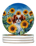 Japanese Chin in Sunflowers Large Sandstone Coasters Pack of 4 Absorbent Round Coasters Decor Gifts for Men or Women, 4 in, Multicolor