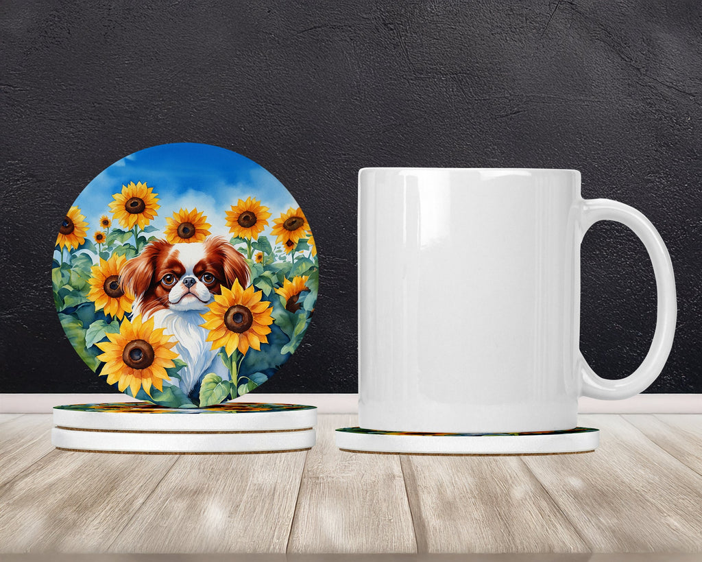 Japanese Chin in Sunflowers Large Sandstone Coasters Pack of 4 Absorbent Round Coasters Decor Gifts for Men or Women, 4 in, Multicolor