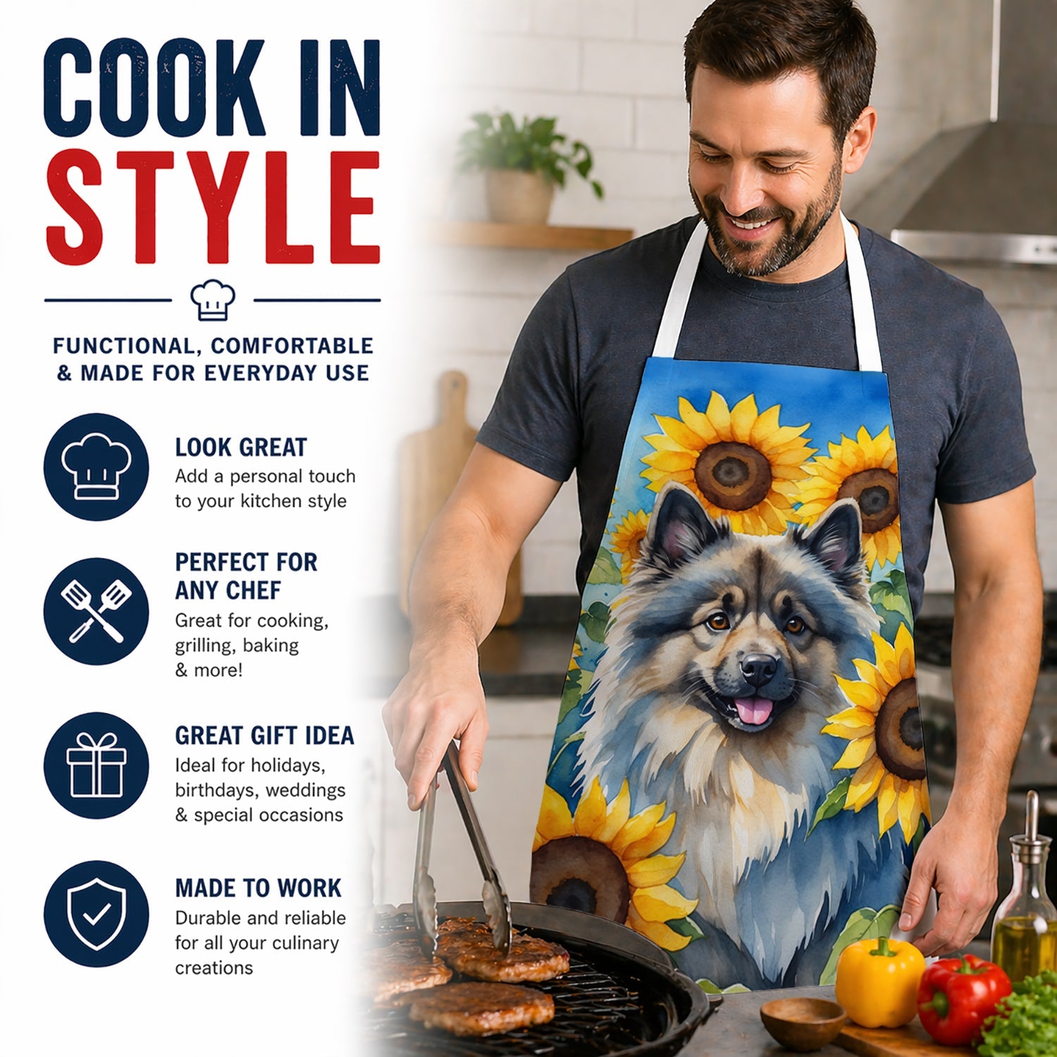 Keeshond in Sunflowers Apron Cooking Kitchen Server Baking Crafts Gardening for Adult Women Men, Unisex, Large, Multicolor