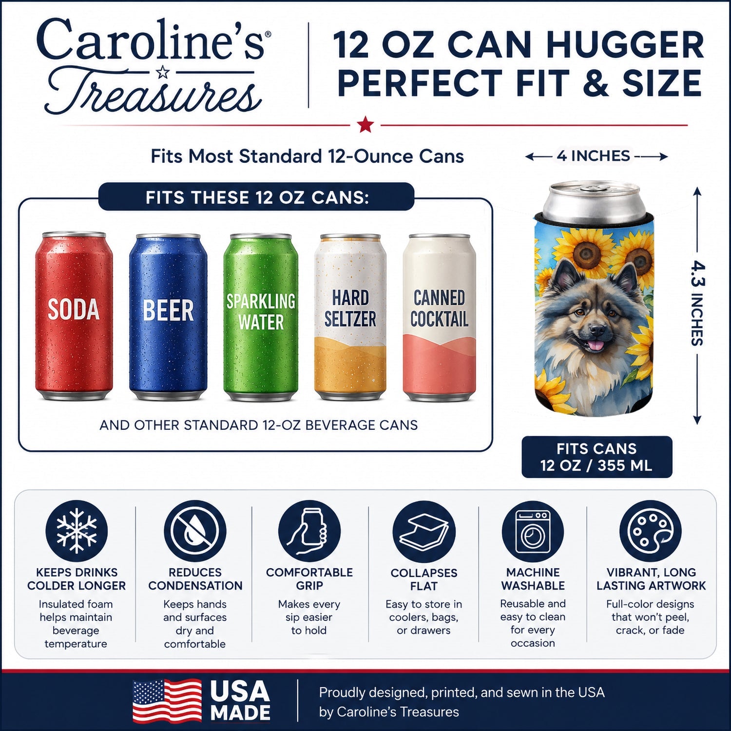 Keeshond in Sunflowers Can or Bottle Hugger Cooler Sleeve for Standard 12 oz Cans, Insulated Foam Beer & Soda Can Hugger Reusable