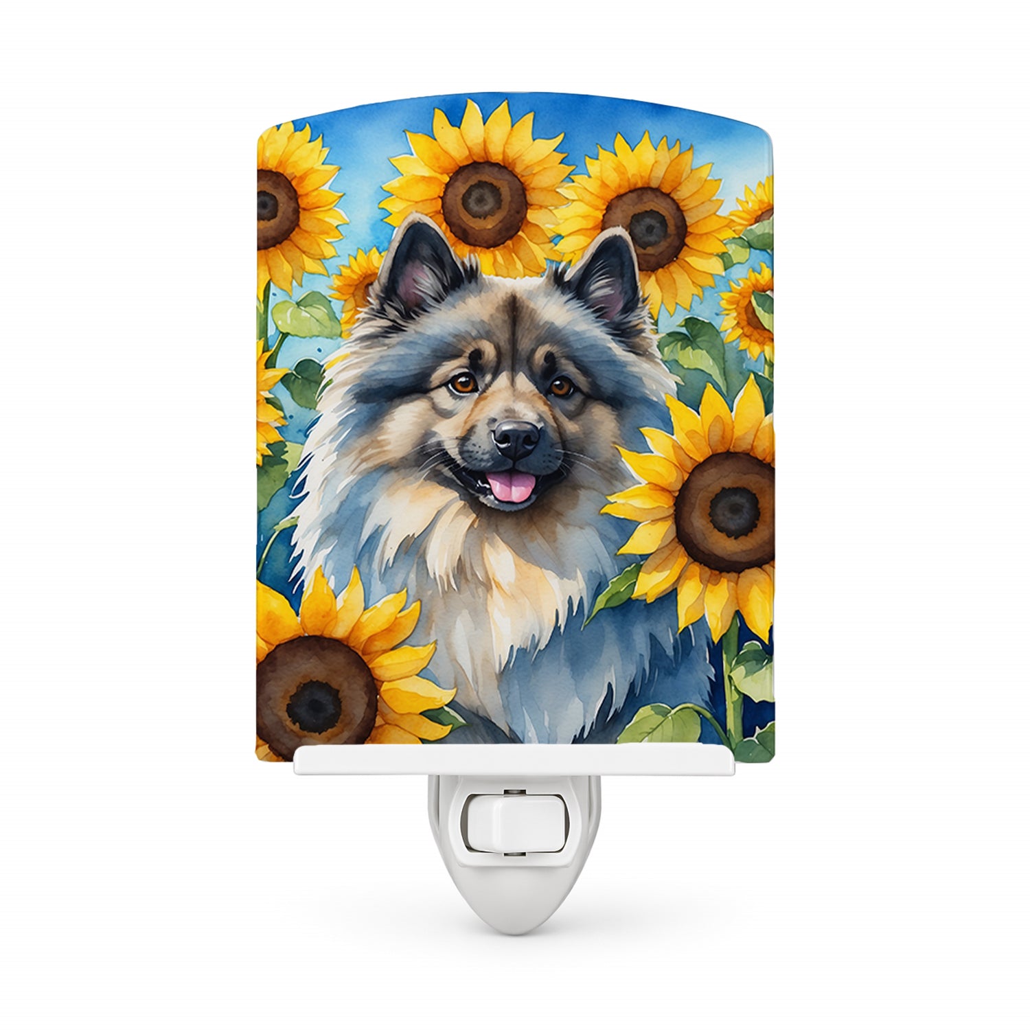 Keeshond in Sunflowers Ceramic Night Light Compact, UL-Certified, Ideal for Bedroom, Bathroom, Nursery, Hallway, Kitchen, 6x4x3, Multicolor