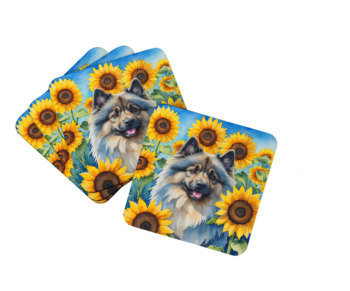 Keeshond in Sunflowers Foam Coasters Set of 4 Cup Coasters for Indoor Outdoor, Tabletop Protection, Anti Slip, Mouse pad Material