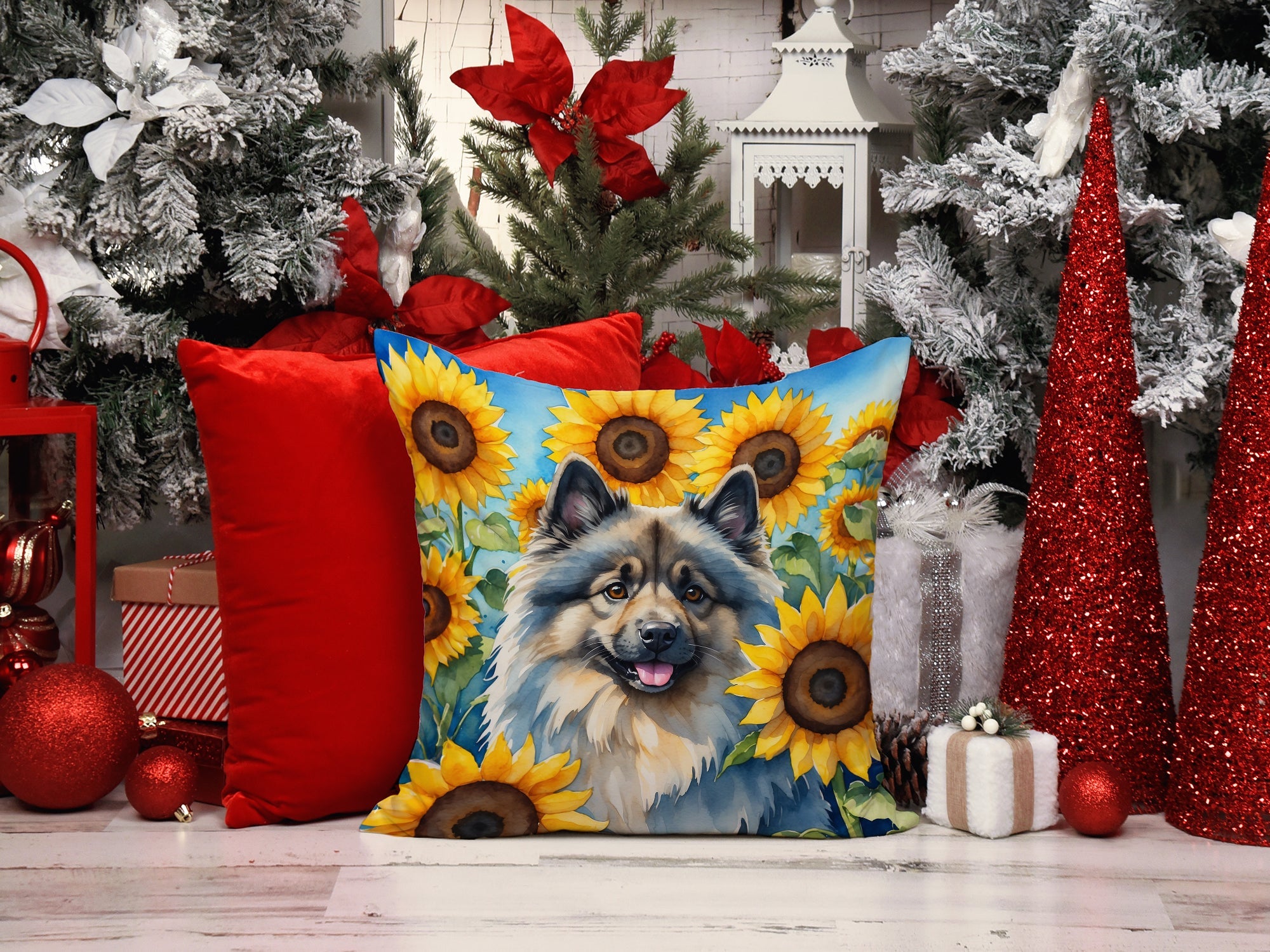 Keeshond in Sunflowers Decorative Throw Pillow 14x14 Indoor Outdoor Accent Cushion, Fabric Cover with Insert for Sofa, Bed, Porch & Living Room