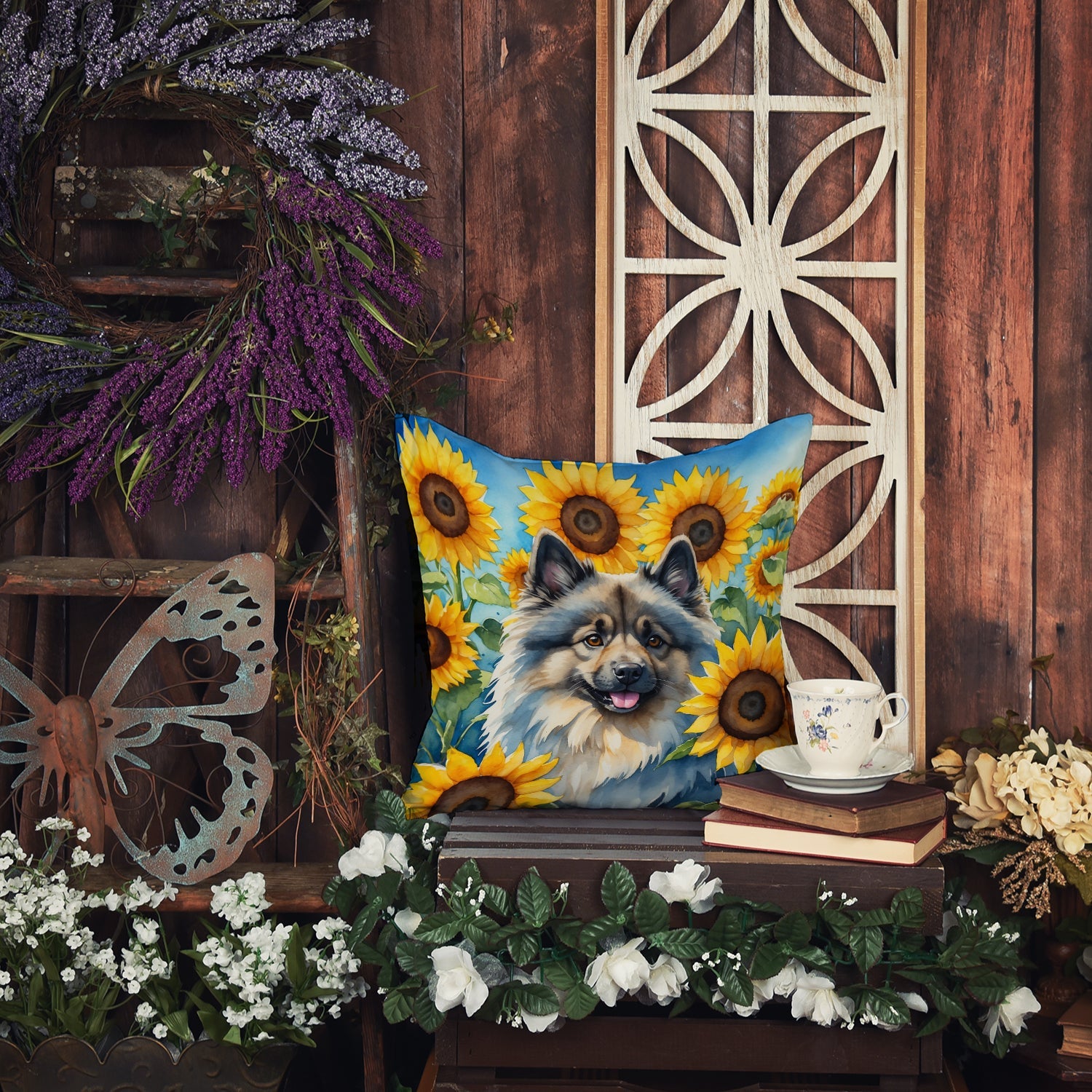 Keeshond in Sunflowers Decorative Throw Pillow 18x18 Indoor Outdoor Accent Cushion, Fabric Cover with Insert for Sofa, Bed, Porch & Living Room
