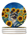 Keeshond in Sunflowers Large Sandstone Coasters Pack of 4 Absorbent Round Coasters Decor Gifts for Men or Women, 4 in, Multicolor