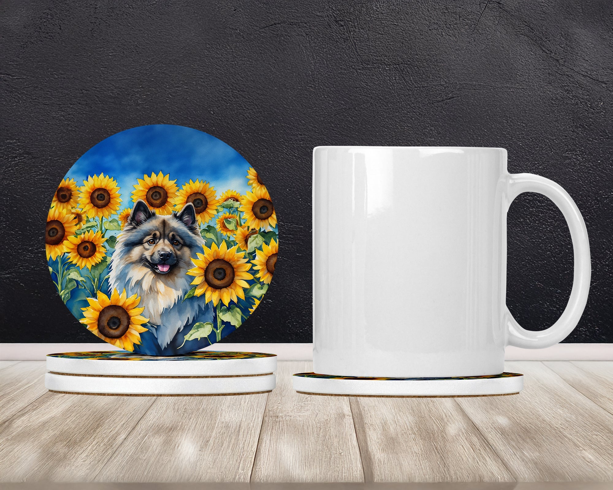 Keeshond in Sunflowers Large Sandstone Coasters Pack of 4 Absorbent Round Coasters Decor Gifts for Men or Women, 4 in, Multicolor