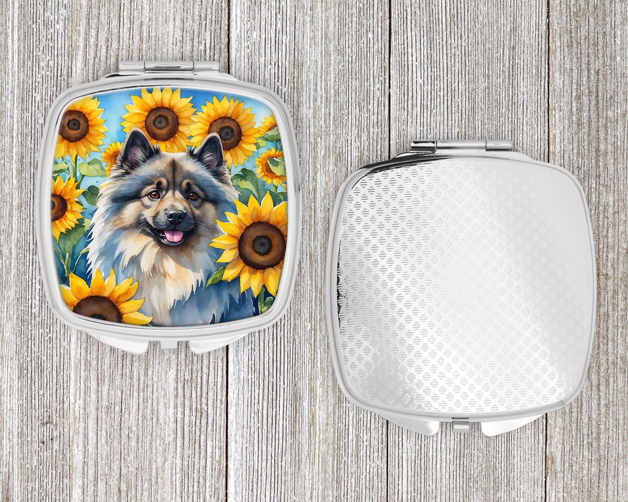 Keeshond in Sunflowers Compact Mirror Decorative Travel Makeup Mirror for Women Girls Gifts Pocket Makeup Mirror Folding Handheld