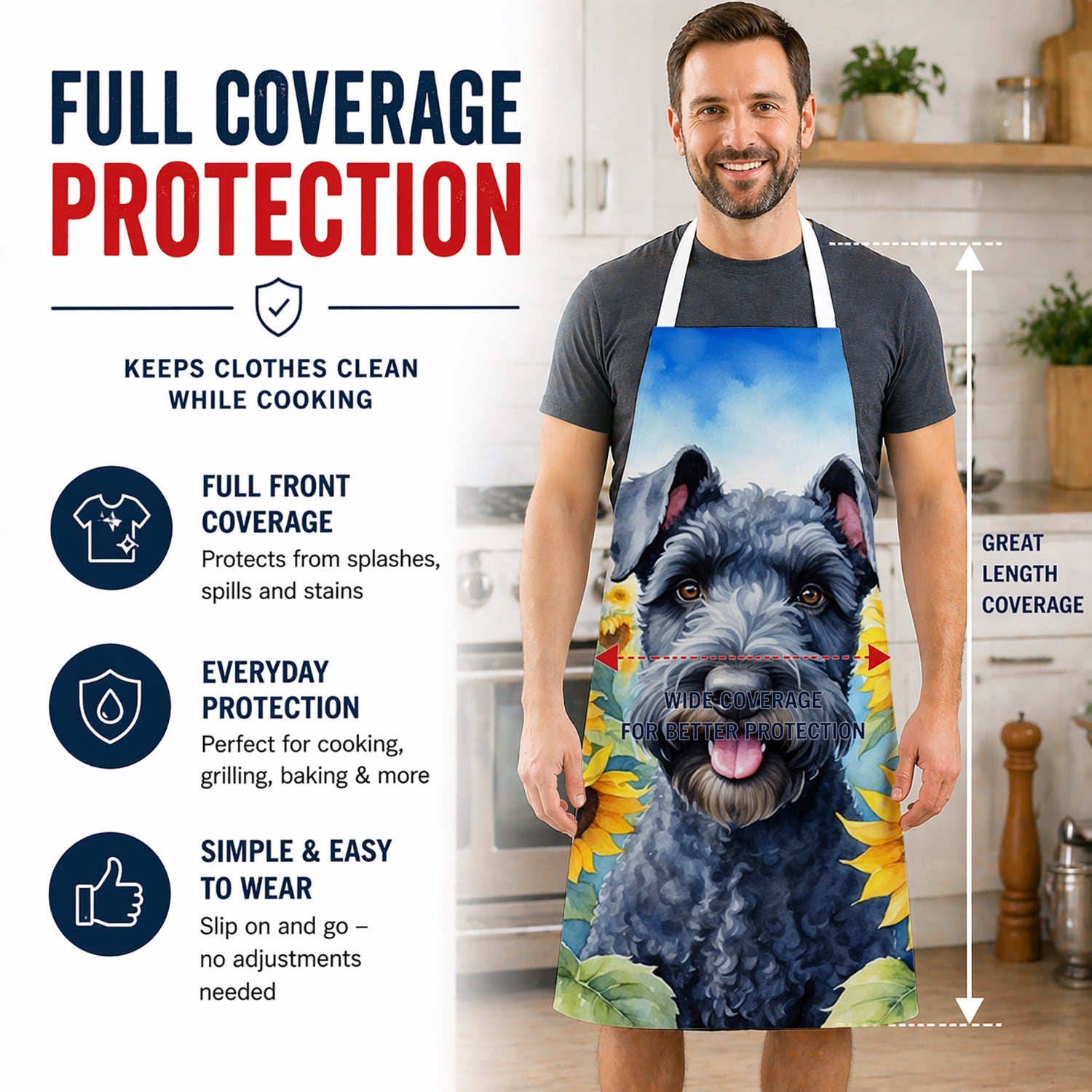 Kerry Blue Terrier in Sunflowers Apron Cooking Kitchen Server Baking Crafts Gardening for Adult Women Men, Unisex, Large, Multicolor