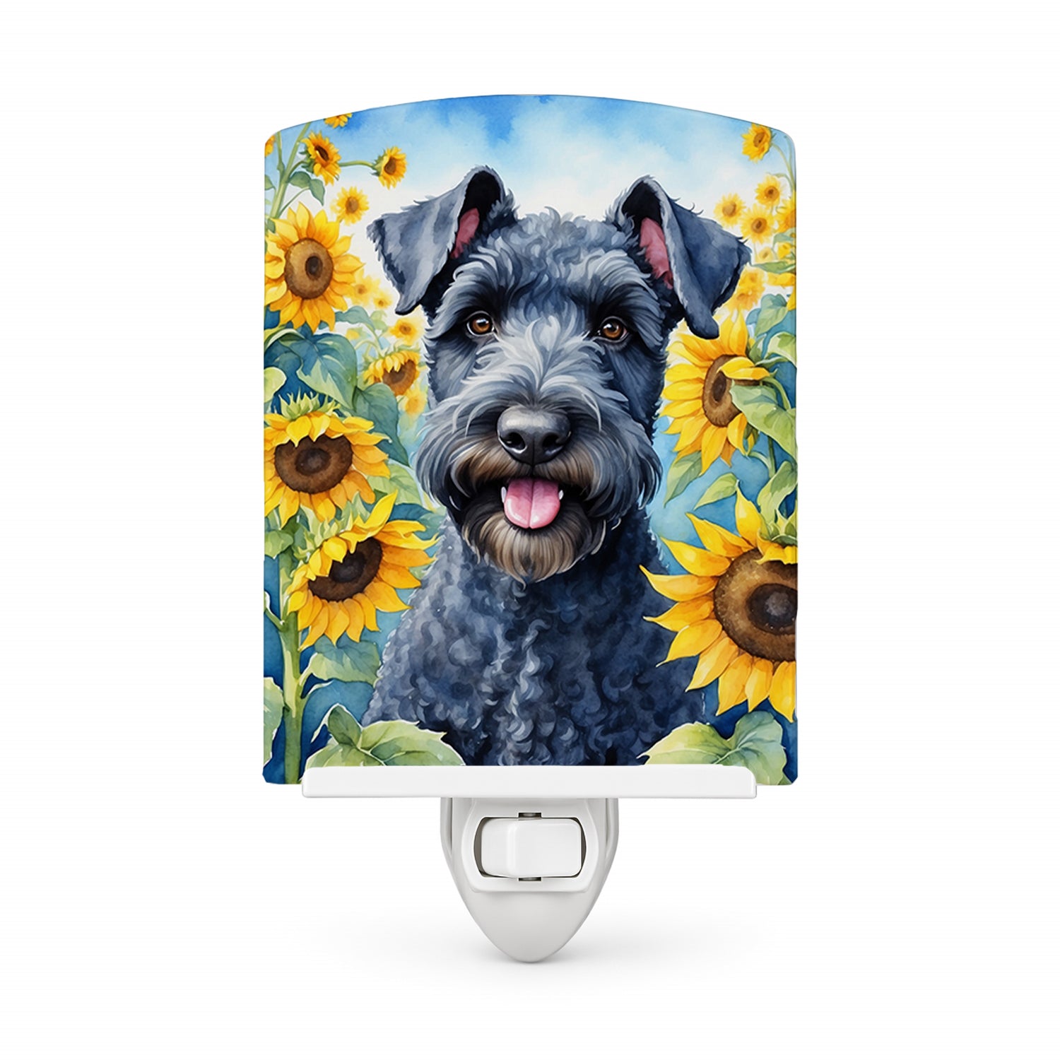 Kerry Blue Terrier in Sunflowers Ceramic Night Light Compact, UL-Certified, Ideal for Bedroom, Bathroom, Nursery, Hallway, Kitchen, 6x4x3, Multicolor