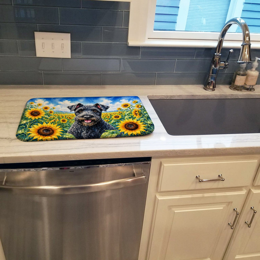 Kerry Blue Terrier in Sunflowers Dish Drying Mat Absorbent Dish Drying Mat Pad for Kitchen Counter Dish Drainer Mat for Countertop, 14 x 21", Multicolor