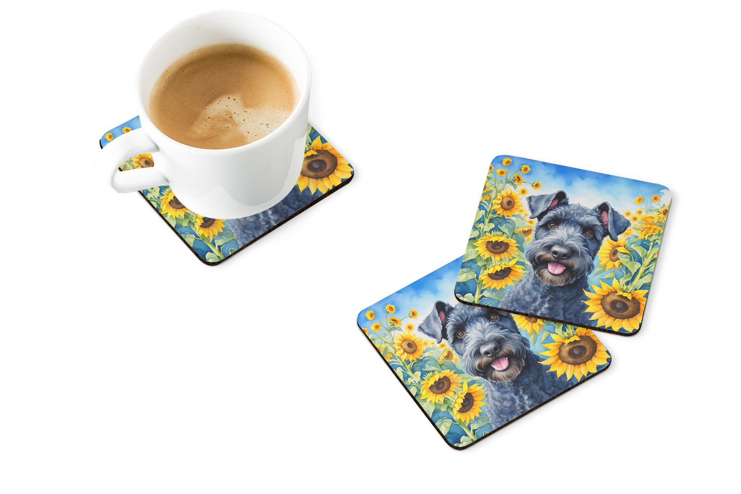 Kerry Blue Terrier in Sunflowers Foam Coasters Set of 4 Cup Coasters for Indoor Outdoor, Tabletop Protection, Anti Slip, Mouse pad Material