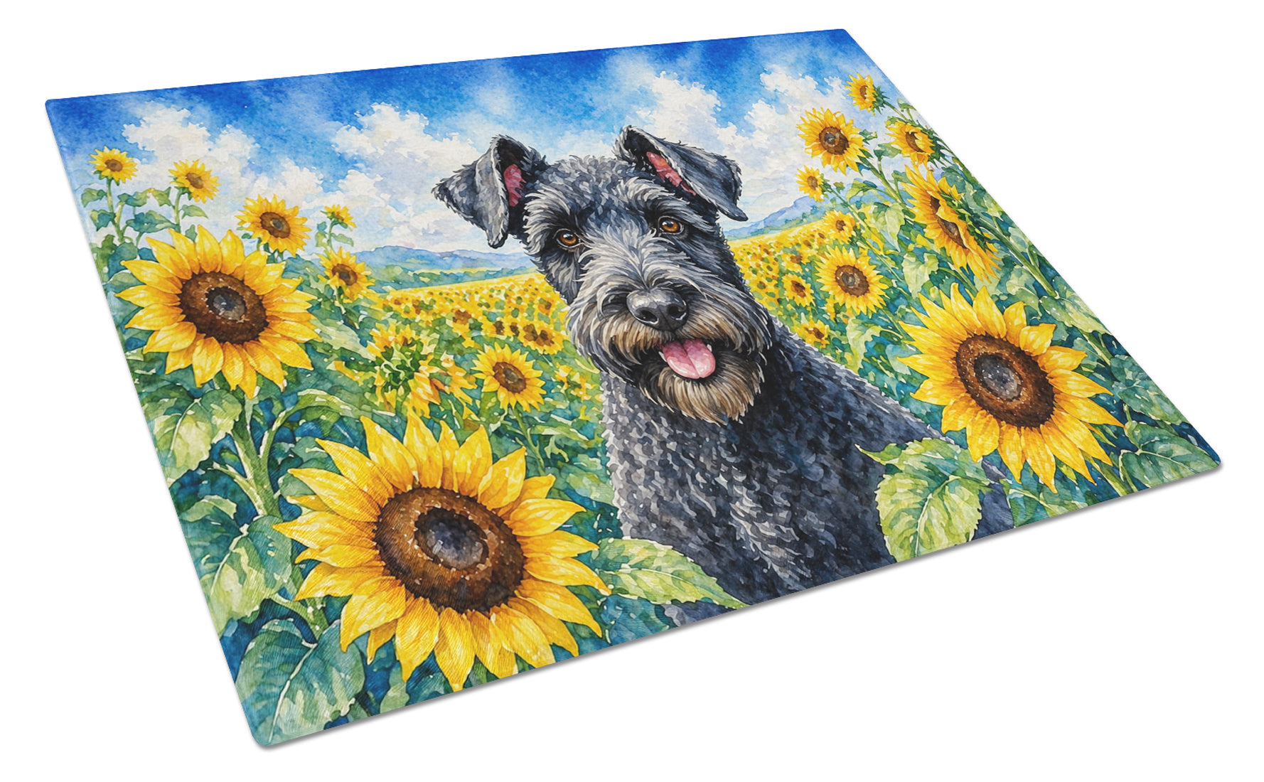 Kerry Blue Terrier in Sunflowers Cutting Board Tempered Glass Kitchen Cutting Surface, Heat Resistant Chopping Board with Non-Slip Feet, Decorative Food Prep & Serving