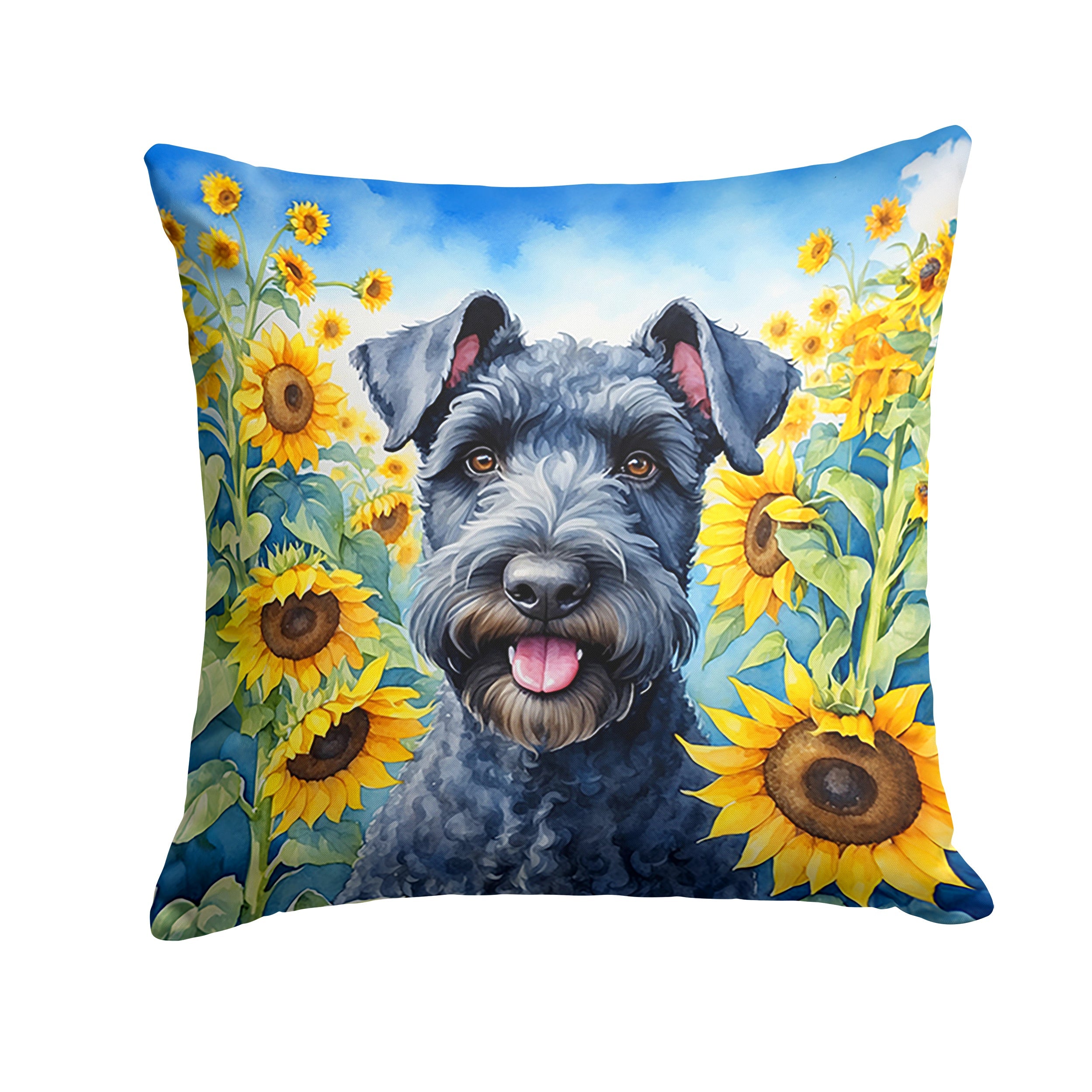 Kerry Blue Terrier in Sunflowers Decorative Throw Pillow 14x14 Indoor Outdoor Accent Cushion, Fabric Cover with Insert for Sofa, Bed, Porch & Living Room