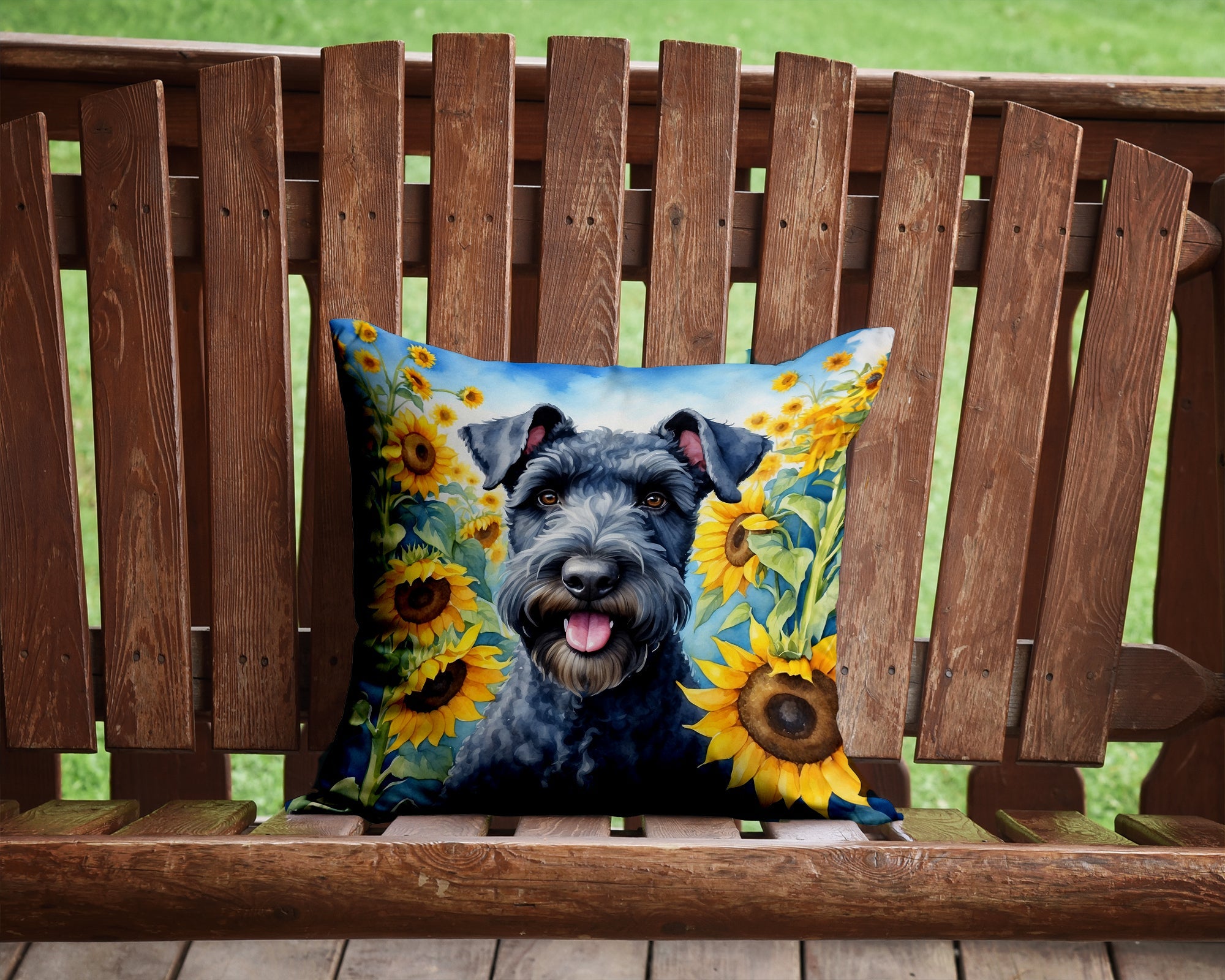 Kerry Blue Terrier in Sunflowers Decorative Throw Pillow 14x14 Indoor Outdoor Accent Cushion, Fabric Cover with Insert for Sofa, Bed, Porch & Living Room