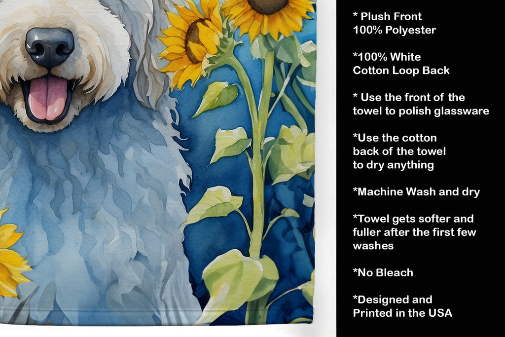 Komondor in Sunflowers Kitchen Towel Velour Plush Front and Cotton Loop Back Machine Washable